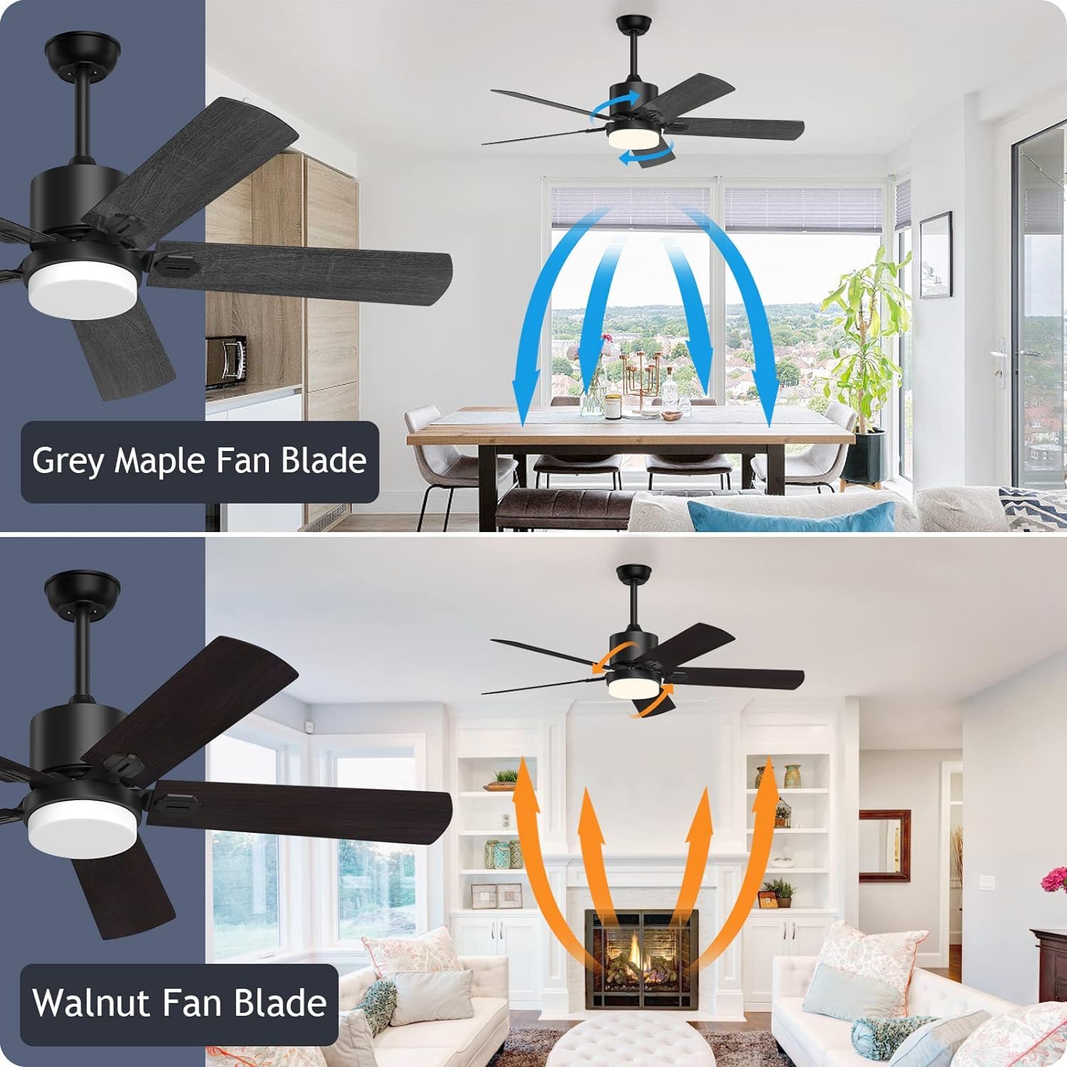 Black Ceiling Fan with Light - 6 Speed Adjustable, Noiseless DC Motor for Living Room & Bedroom - Walnut