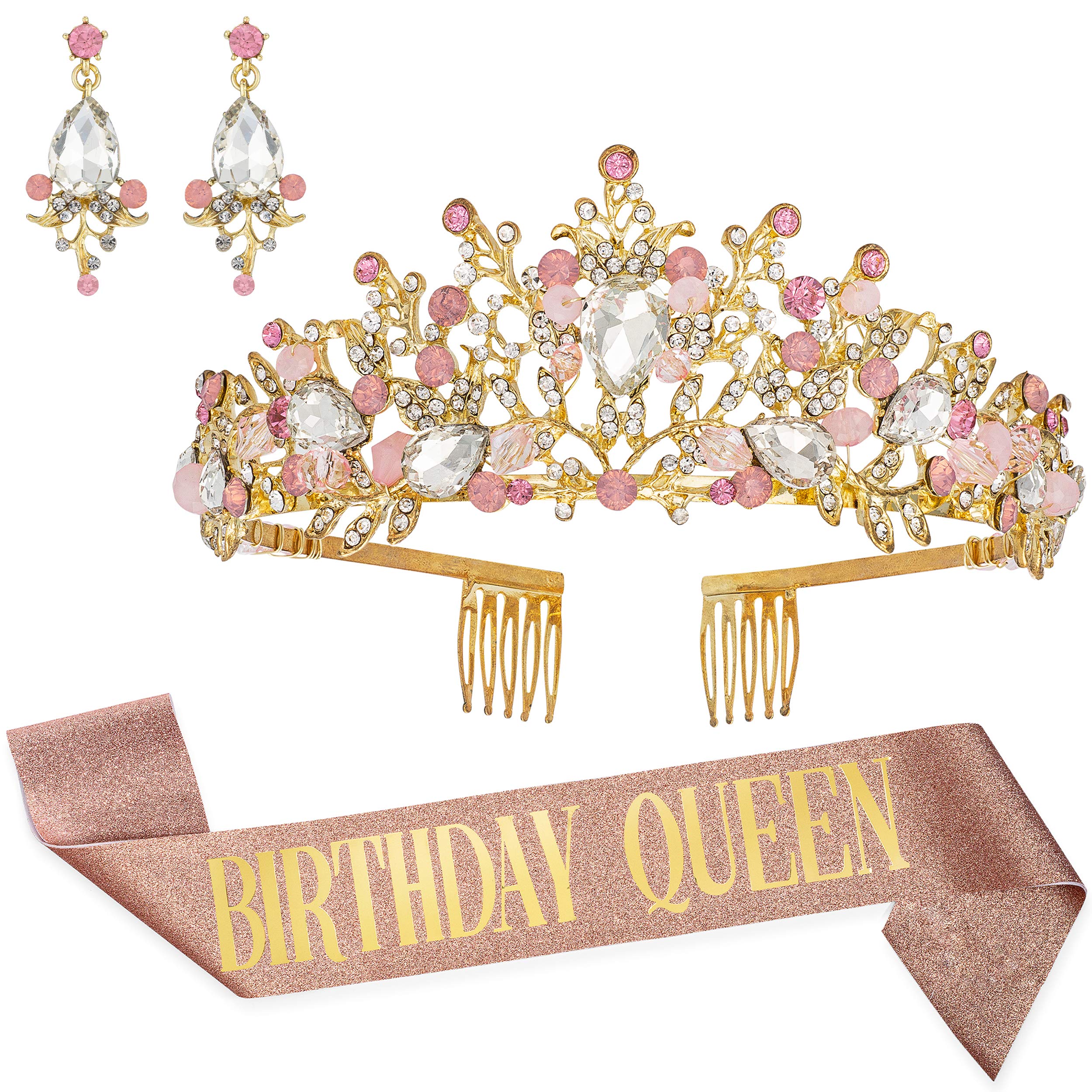Zipoka Birthday Queen Sash & Tiara Set for Women - Elegant Rhinestone Crown, Earrings & Rose Gold Birthday Accessories - Perfect for Bachelorette Parties, Birthdays & Special Celebrations