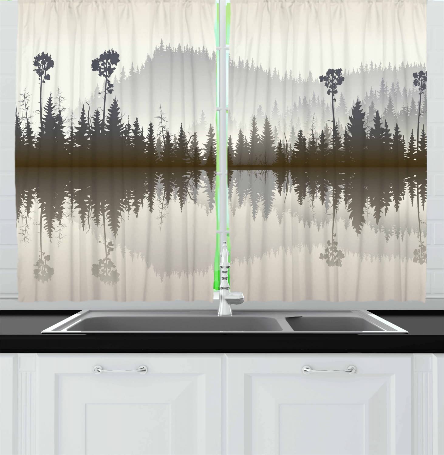 Ambesonne Forest Long Kitchen Curtains - Misty Northern Nature Jungle with Hills & River at Dusk, Water Reflection Window Drapes (Set of 2 Panels, Rod Pocket Design, 55x45 Inches, Cream Grey Brown) - Perfect for Rustic Cabin, Farmhouse, or Nature-Themed Home Decor