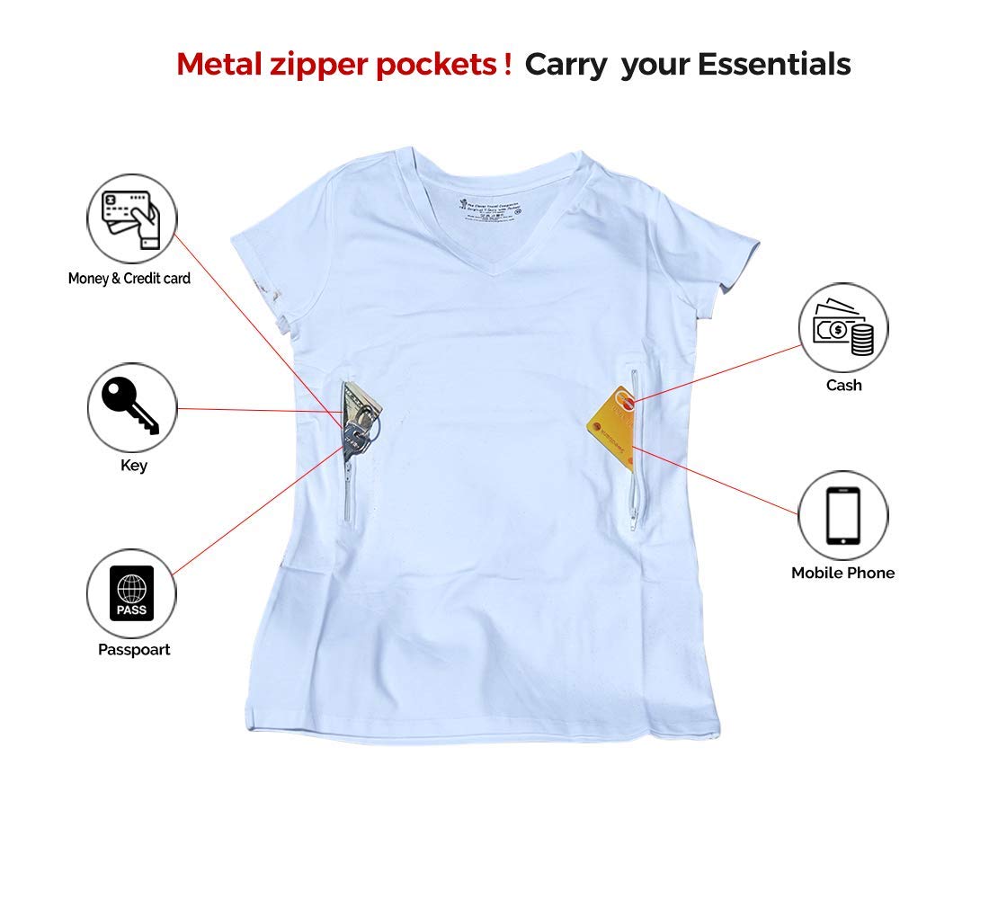 Clever Travel Companion Women's V-Neck T-Shirt with Secret Pockets - Anti-Theft Summer Travel Top for Pickpocket Protection - Perfect for Vacation, Sightseeing & Airplane Travel