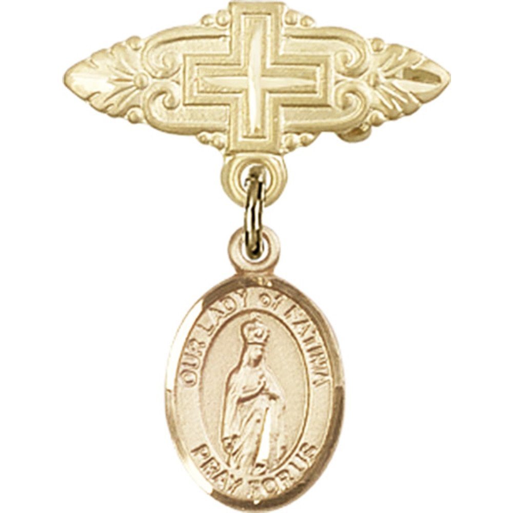 Gold Filled Baby Badge with Our Lady of Fatima Charm - Religious Cross Pin 1 X 3/4 inches - Perfect for Baptism Gifts, First Communion & Catholic Jewelry Collection