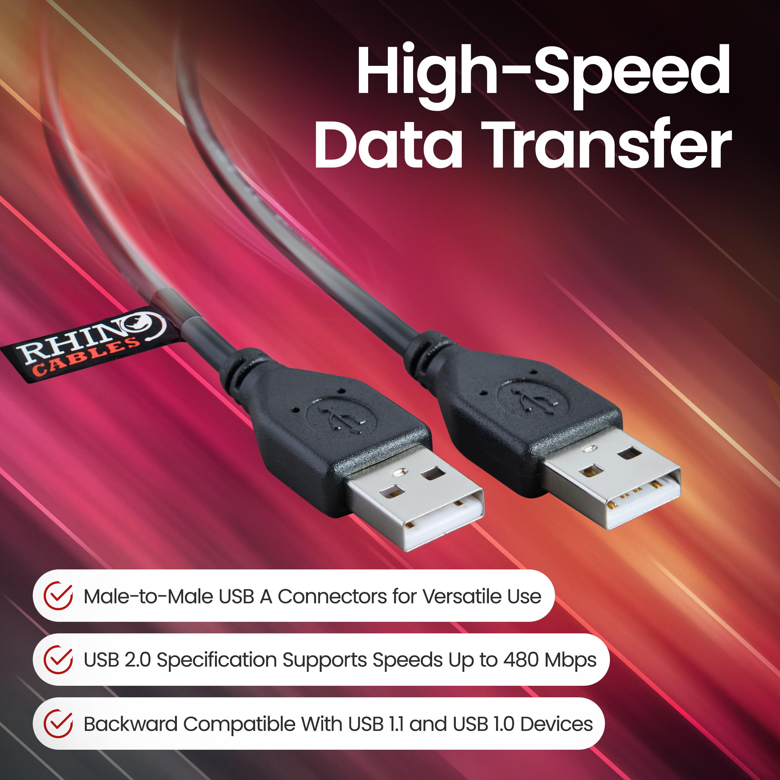 Rhinocables USB 2.0 A Male to Male Cable - High Speed Durable USB A to USB A Cord | 480Mbps Data Transfer, Universal Compatibility for Printers, Keyboards, Scanners, Hard Drives, Cameras | Perfect for Home Office, Gaming Setup & Computer Accessories (1.8m/6ft, Single Pack)