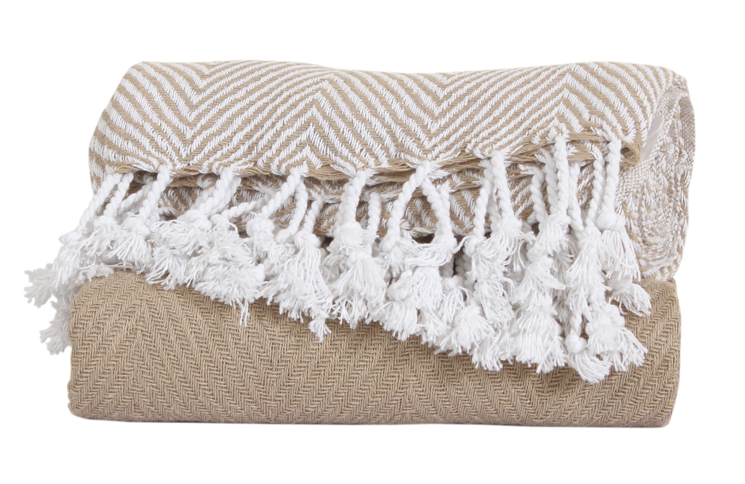 100% Cotton Handloom Chevron Throw Blanket Set of 2 (50x60 Inch) - Soft & Luxurious for Indoor & Outdoor Use - Perfect for Sofa, Bed, Picnic & Travel - Beige