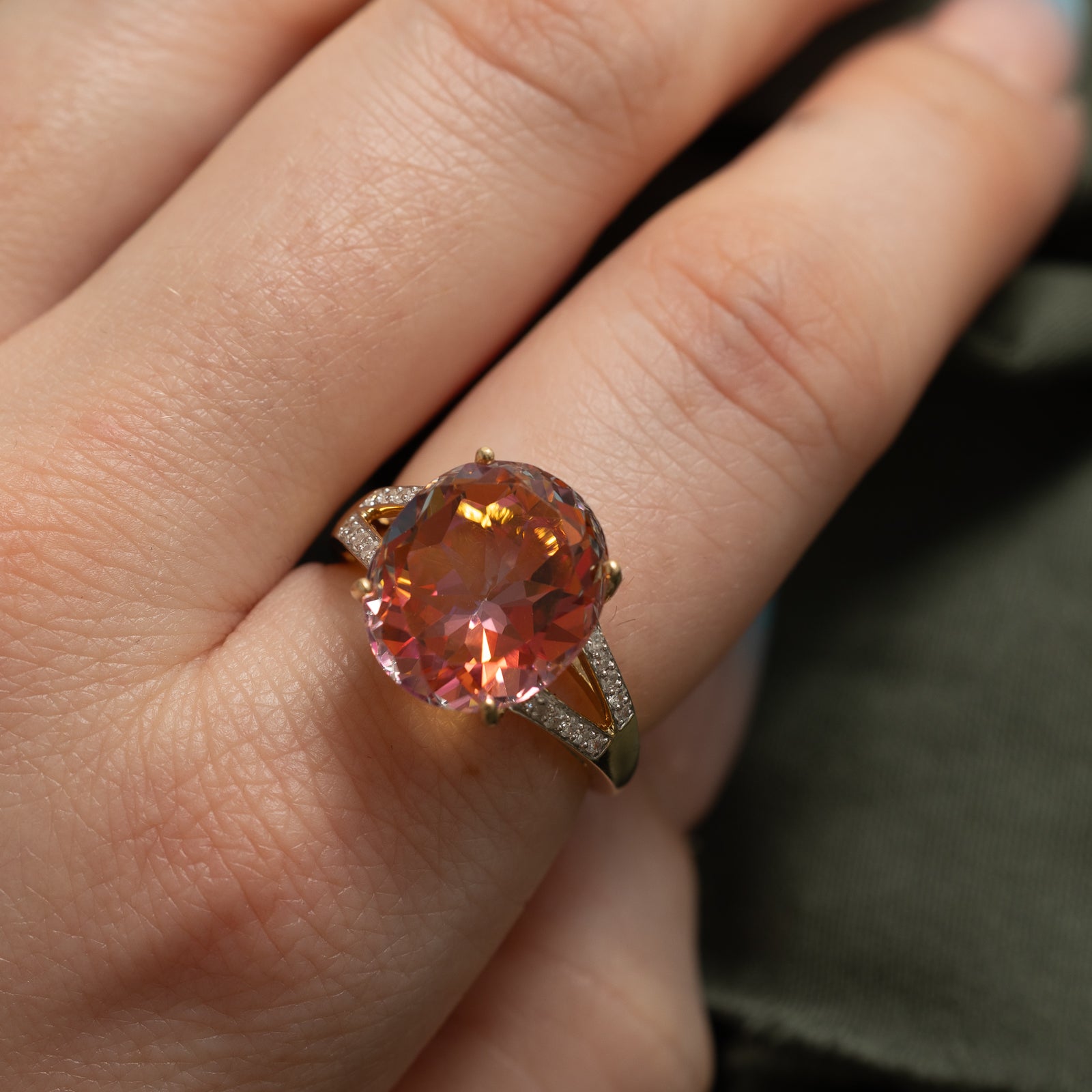 10.50ct Peach Mystic Topaz & 0.18ct Diamond Cocktail Ring - Size 7 | Elegant Evening Wear & Special Occasion Jewelry