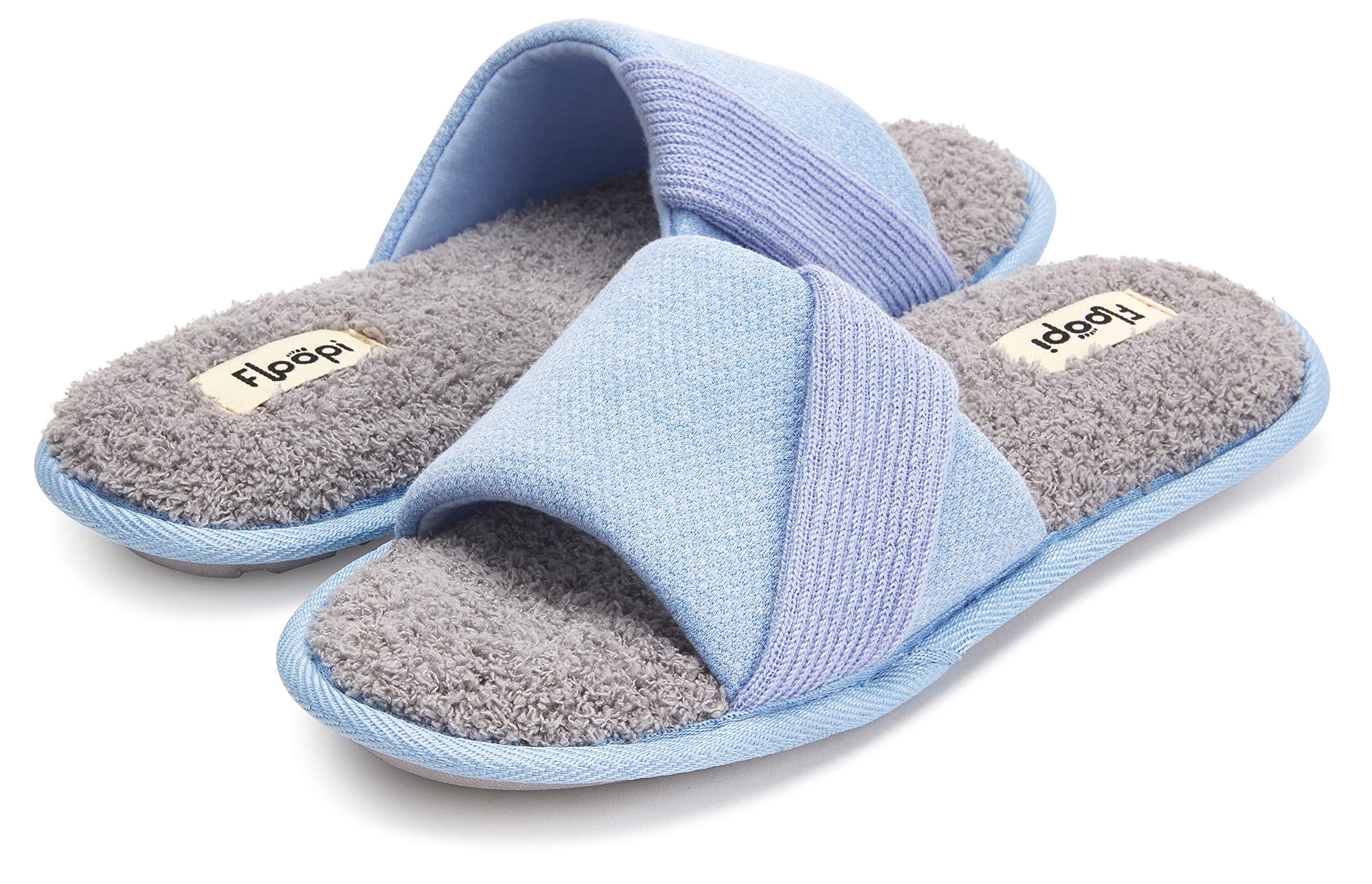 Floopi Women's Soft Waffle Summer Slide Slippers - Memory Foam Open Toe Sandals with Knit Strap, Terry Cloth Insole & Anti-Slip Rubber Outsole | Indoor/Outdoor House Shoes for Beach, Poolside, Yoga & Lounging