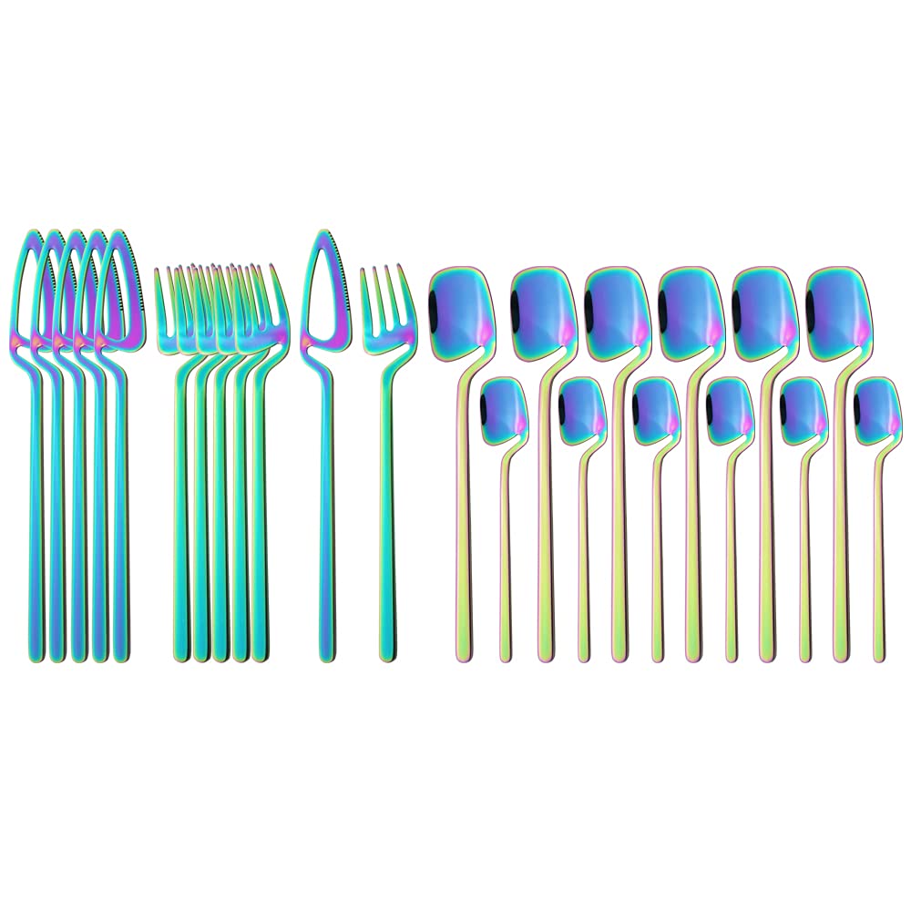 24-Piece Stainless Steel Silverware Flatware Set - Knife, Fork & Spoon Cutlery for Dining, Kitchen & Bar Use - Rainbow Color Dinnerware for Home, Restaurants & Parties