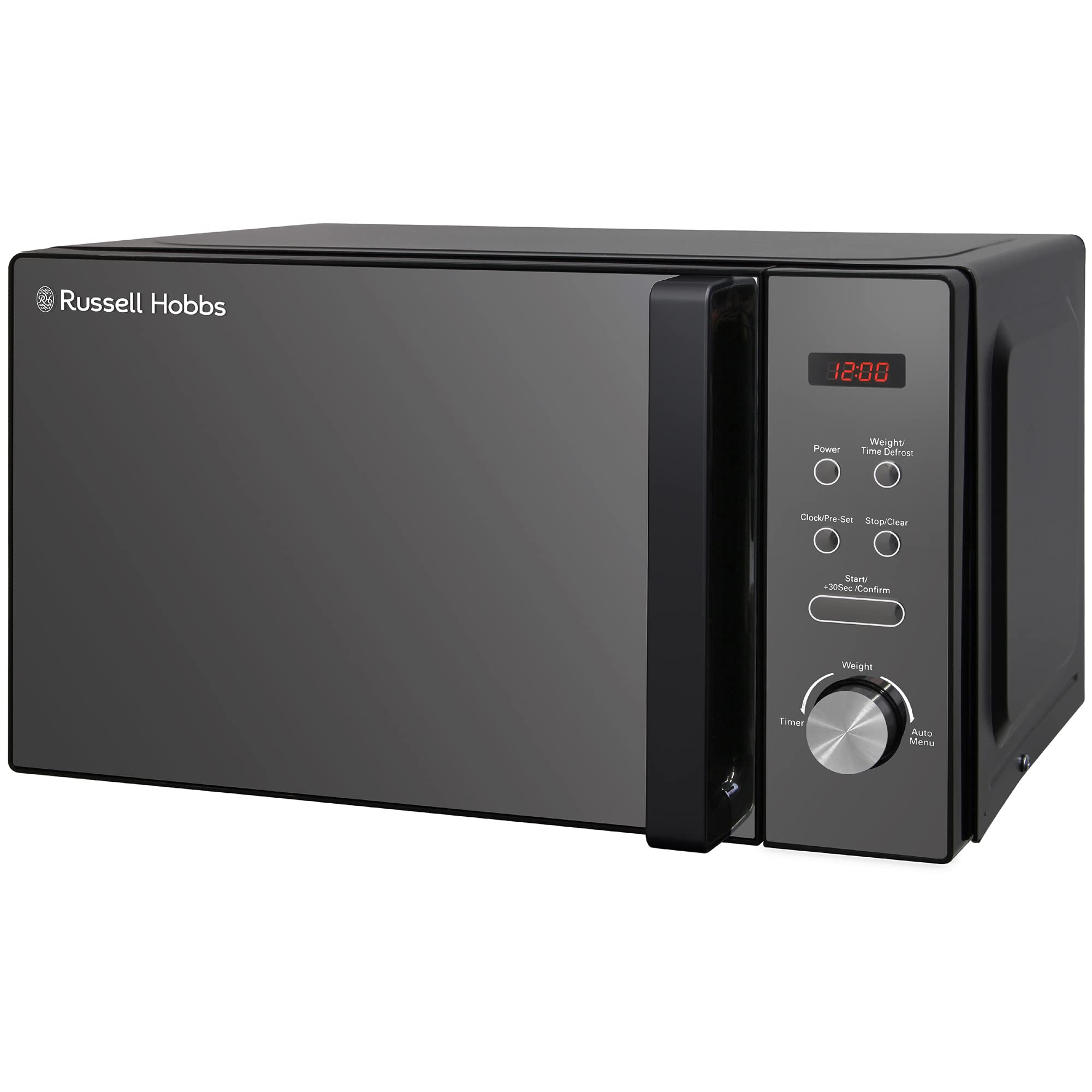 Russell Hobbs RHM2076B 20L 800W Black Digital Microwave Oven - 5 Power Levels, Auto Defrost, 8 Auto Cook Menus, Clock & Timer, Easy Clean - Perfect for Small Kitchens, Dorms & Offices