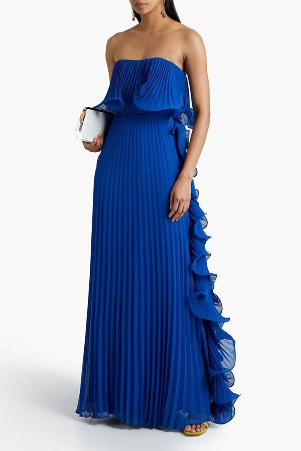 Reina Chiffon Pleated Wavy Ruffles Trim Strapless Loose Maxi Dress - Elegant Summer Beach Wedding Party Gown for Women