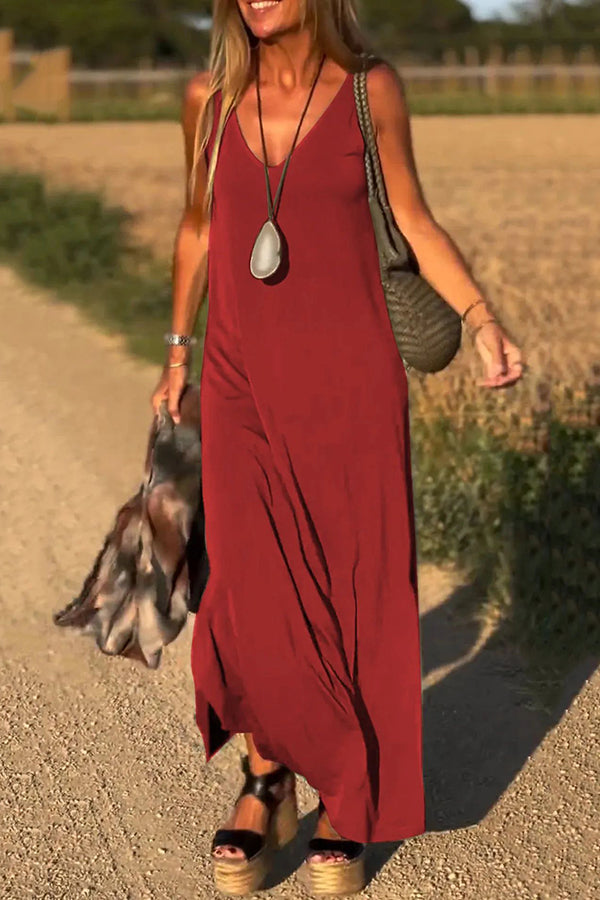 Elegant Solid Color V-Neck Sleeveless Maxi Dress - Casual Loose Fit Summer Beach Dress for Women | Perfect for Vacation, Date Night & Outdoor Events