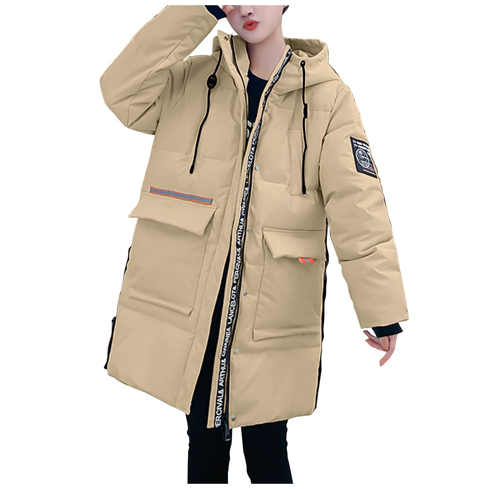 Women's Mid-Length Hooded Down Coat with Drawstring & Fashion Pockets - Long Sleeve Loose Jacket for Spring Wardrobe (Khaki) | Perfect for Outdoor Activities, Casual Wear & Cold Weather Protection