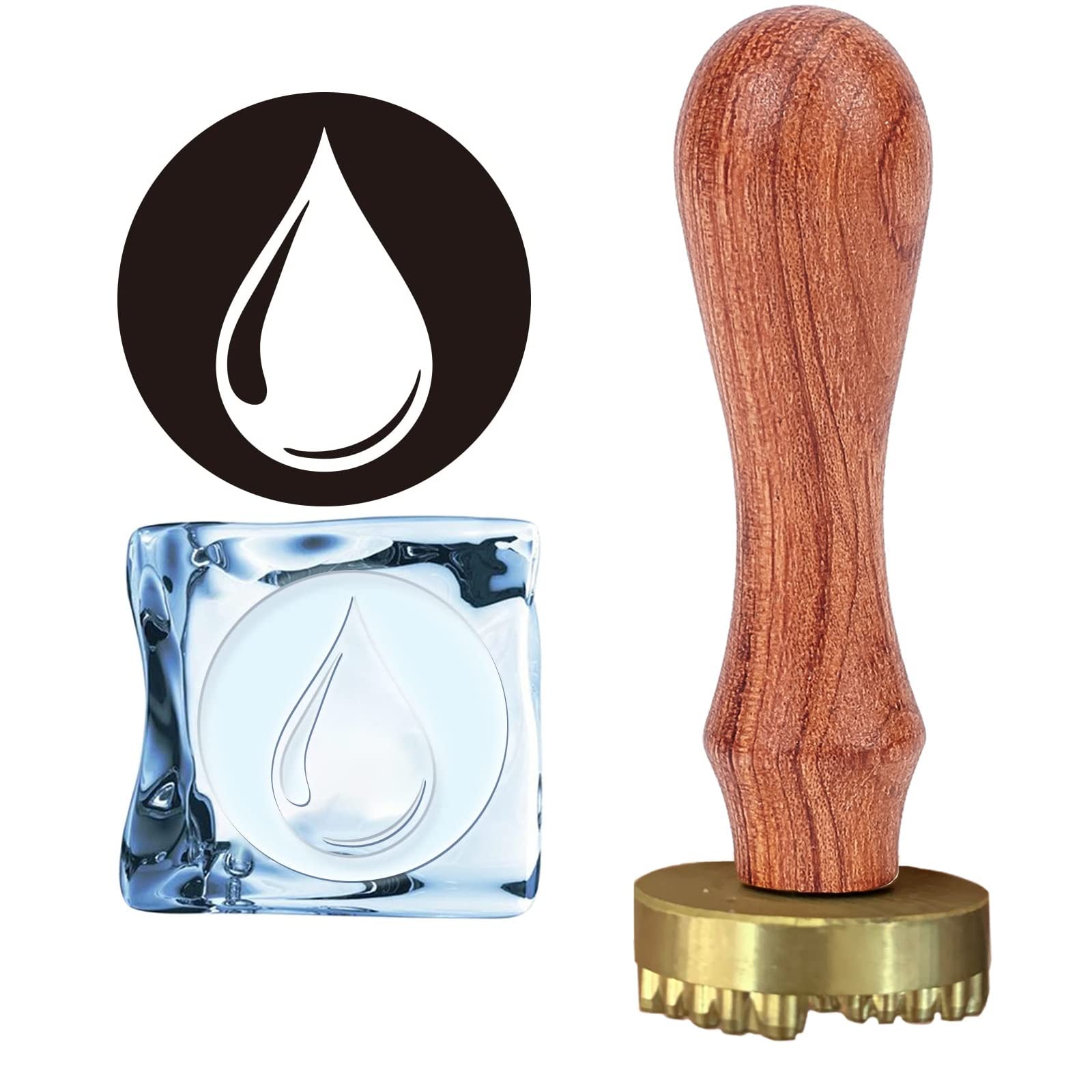 Premium Ice Branding Stamp - CRASPIRE Ice Stamp with Wood Handle & Velvet Pouch | Removable Brass Head for Cocktails, Ice Cubes & Beverage Branding | Perfect for Home Bars, DIY Drinks & Crafting | Water Droplet Wax Seal Design for Professional Drink Presentation