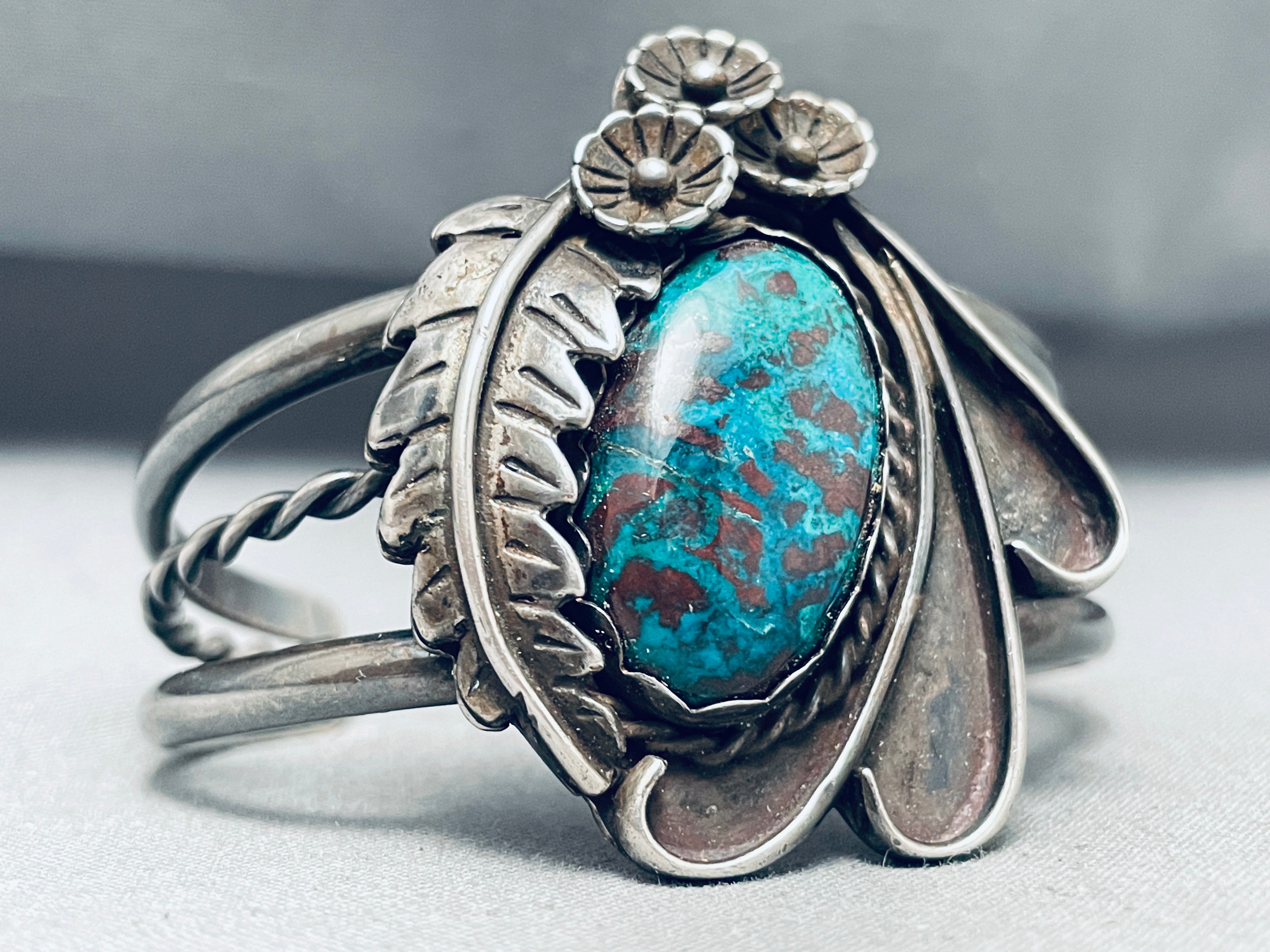 1977 Vintage Native American Navajo Chrysocholla Sterling Silver Bracelet - Handmade Turquoise Jewelry for Women, Boho Southwest Style, Perfect for Festivals & Special Occasions