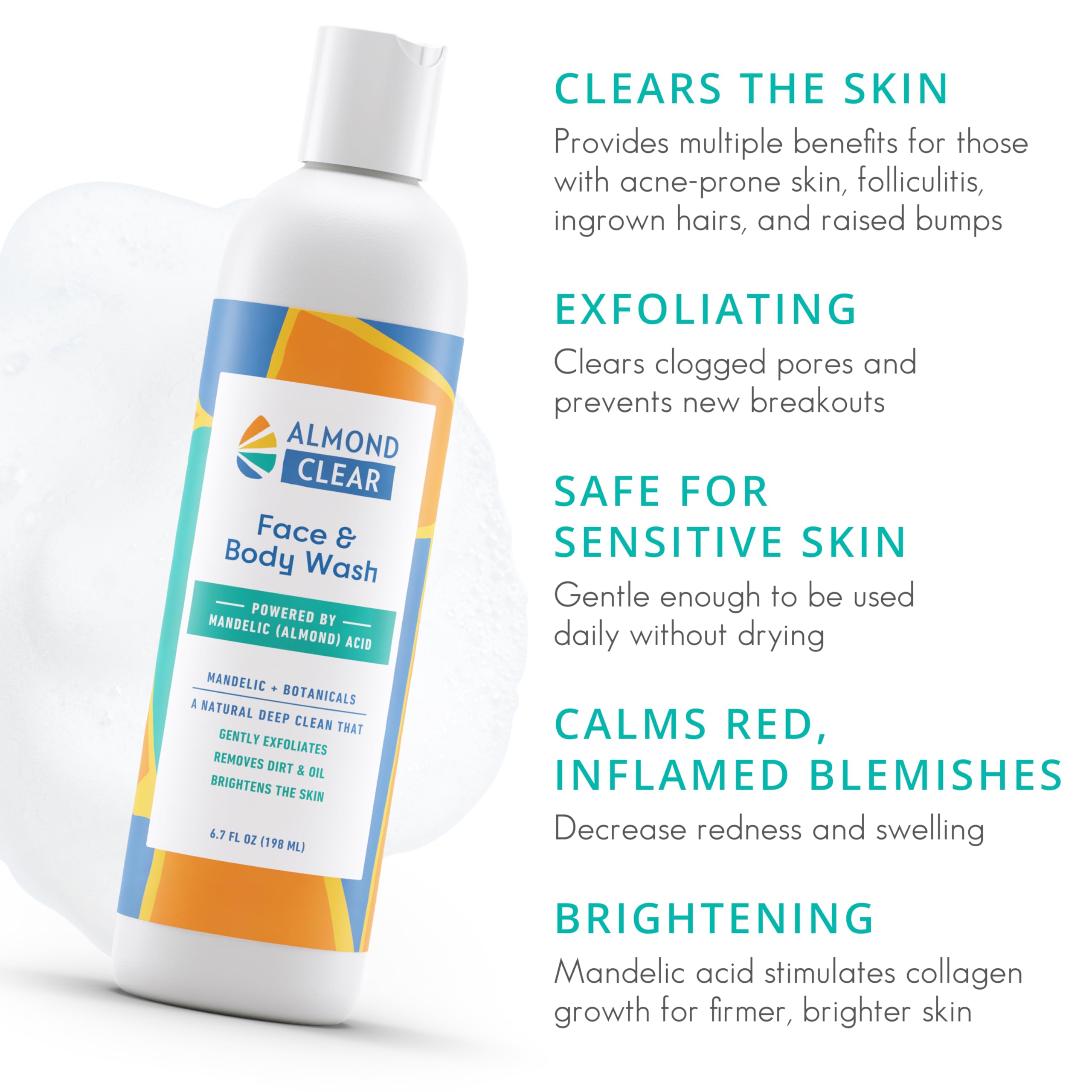 **Gentle Exfoliating Face & Body Wash for Acne & Folliculitis-Prone Skin - 6.7 Fl Oz with Mandelic Acid & Botanicals - Daily Skin Care Cleanser for Clear, Smooth Skin - Perfect for Sensitive & Problem Skin**