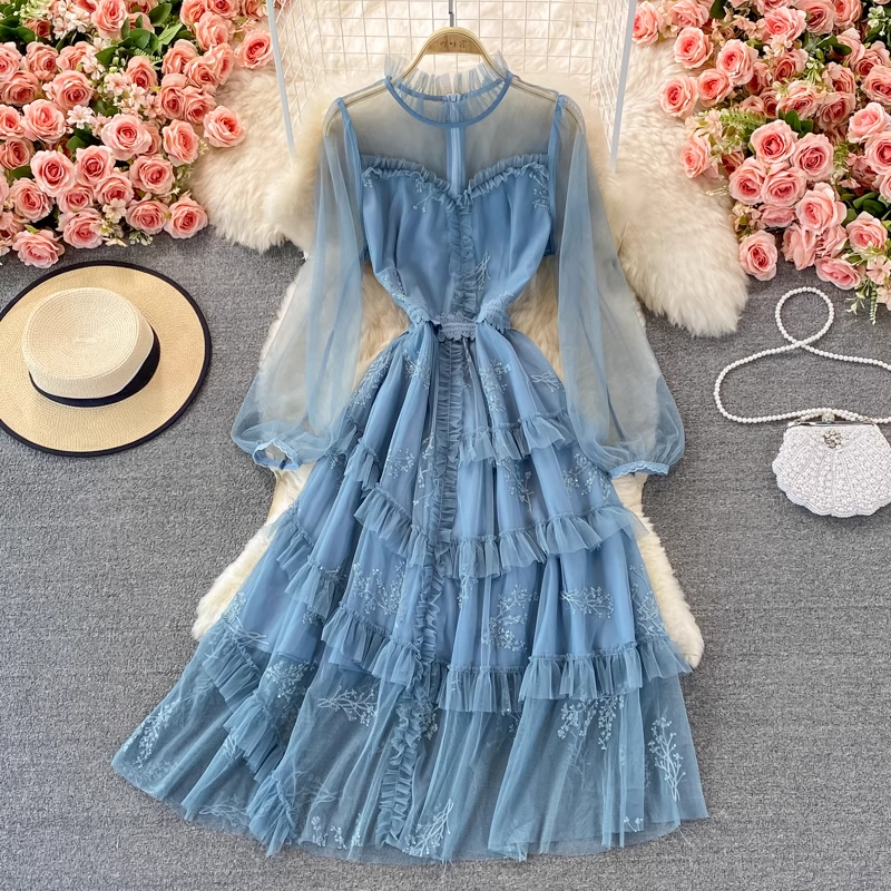 Fairy Long Sleeves Tulle Dress for Women - Elegant Sweet Layered Ruffled Skirt for Autumn Fall Wedding Party Prom Evening Occasions