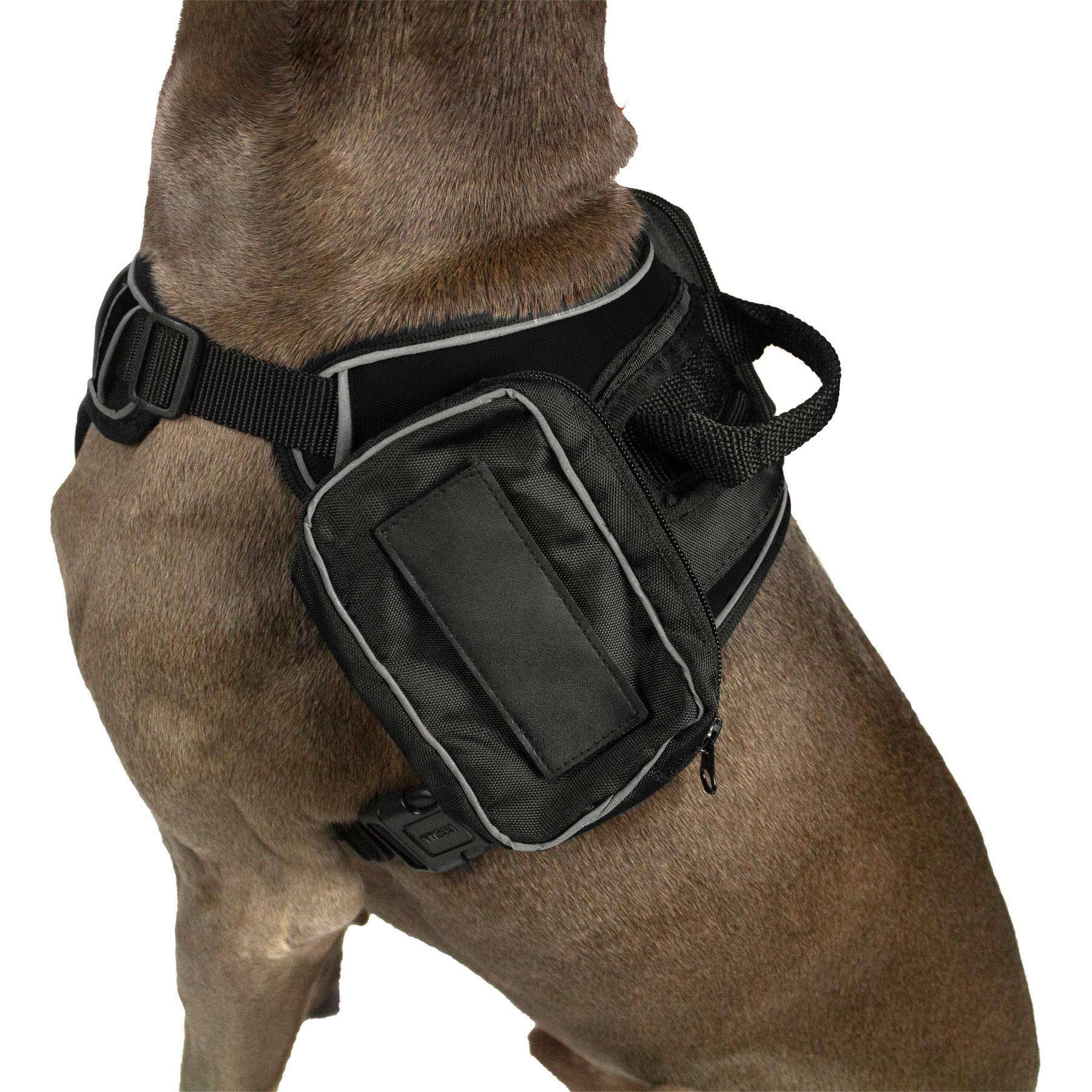 No-Pull Dog Harness with Saddle Bag & Removable Patches - Comfortable Reflective Dog Vest with Quick-Release Buckles & Handle (25-31 inch, Black) - Perfect for Hiking, Walking & Outdoor Adventures