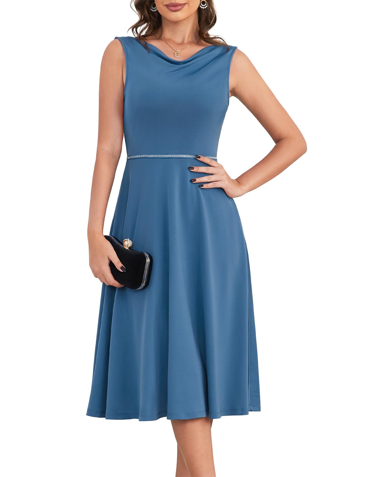 Stylish Women's Party Dresses | Elegant Sleeveless Cowl Neck A-Line Midi Dress for Club, Cocktail & Formal Occasions | Perfect for Weddings, Date Nights & Holiday Parties
