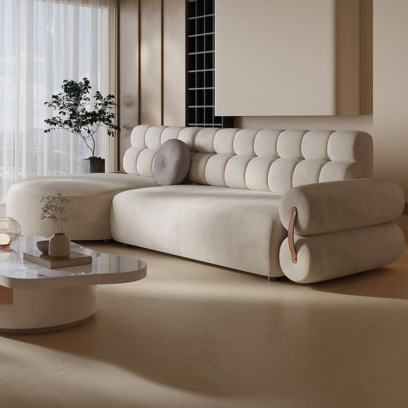 L-Shaped Sectional Sofa with Chaise Lounge, Channel Tufted Back, Soft White Polyester Blend Fabric, Seats 5, Round Arms & Hidden Support - Perfect for Living Room, Family Room or Home Theater