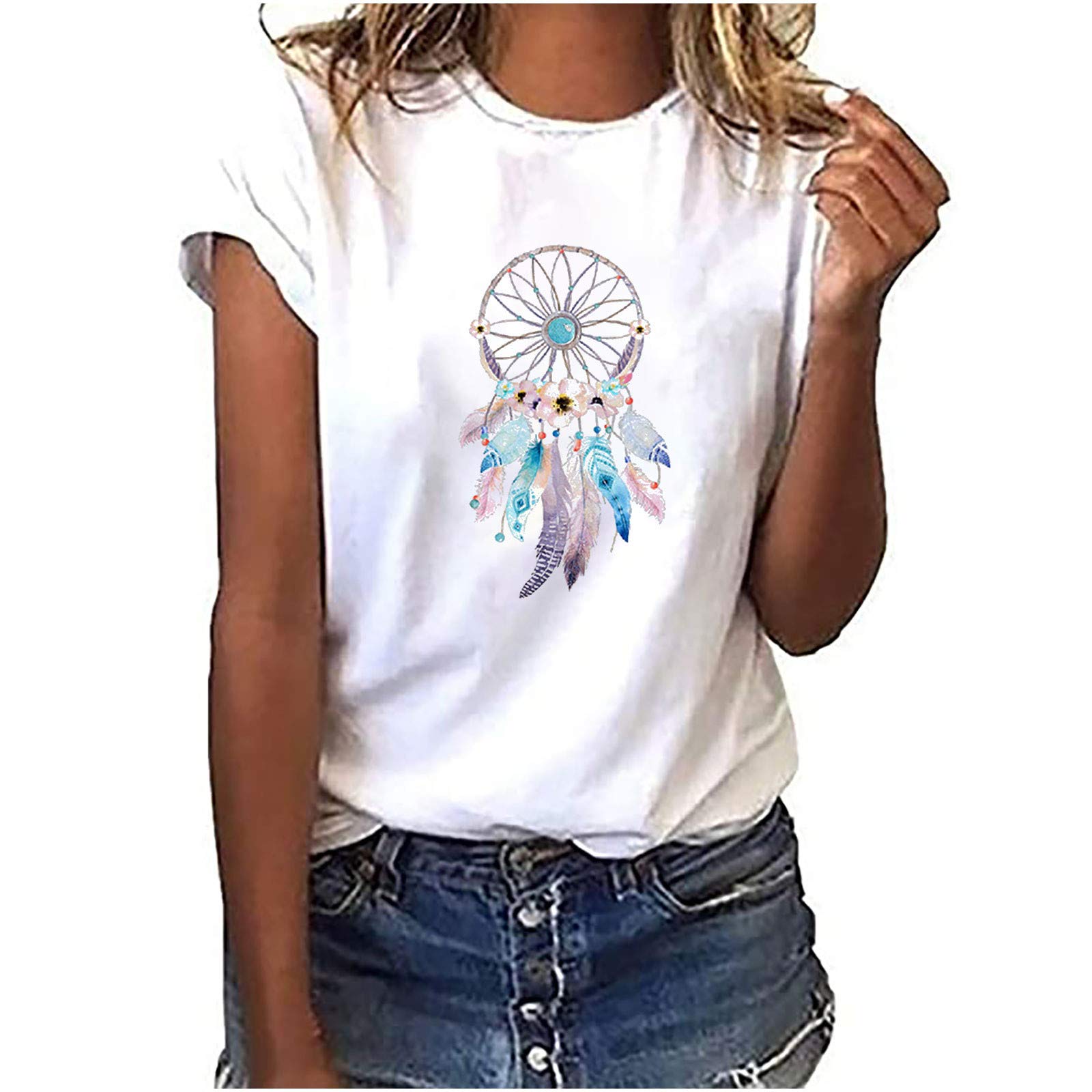 Women's Floral O-Neck Blouse - Summer Boho Dreamcatcher Print T-Shirt - Streetwear Fashion Top for Casual Wear & Outdoor Activities (White, Size S)
