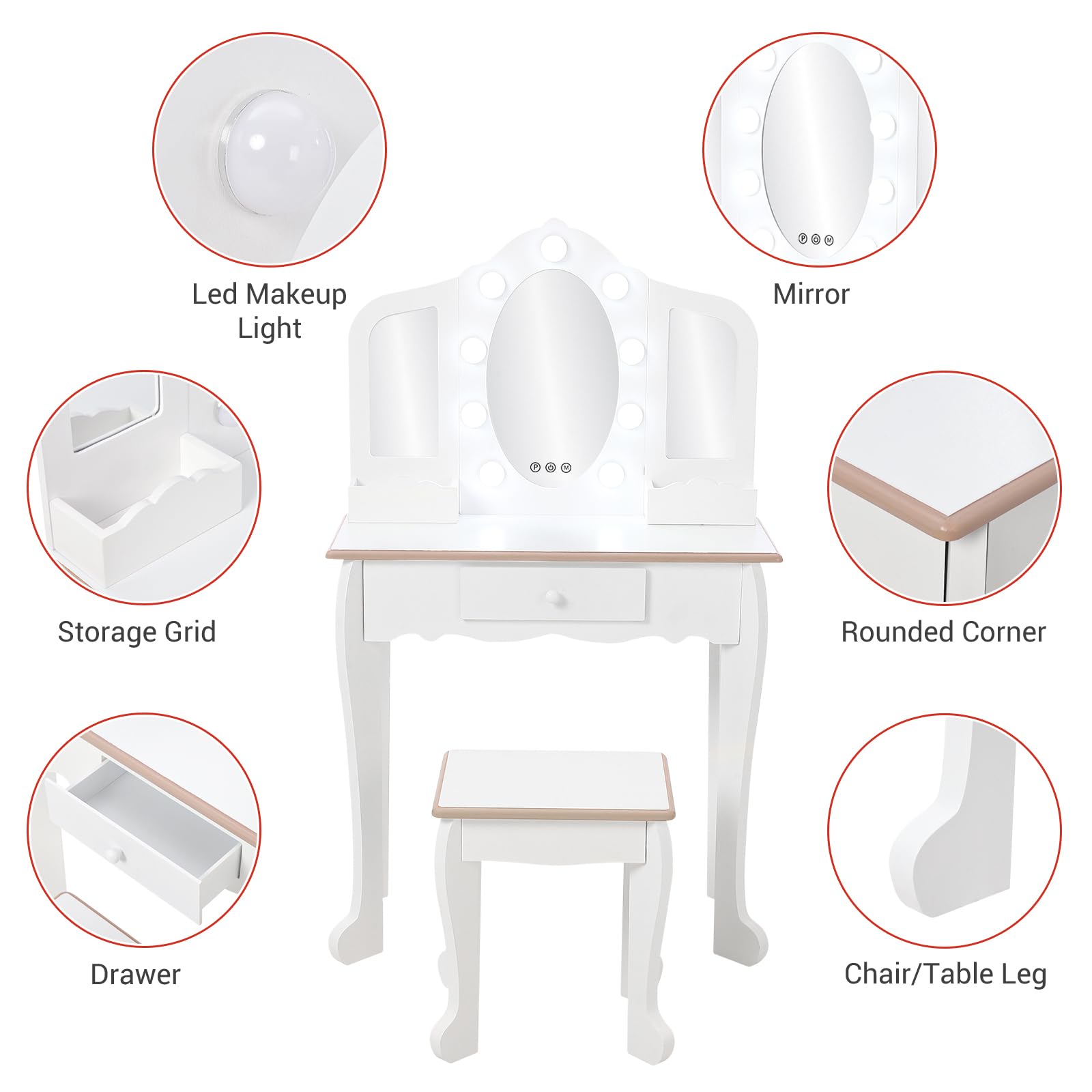 Kids Vanity Set with Light & Mirror - Wooden Princess Makeup Dressing Table with Stool, Drawer & Pretend Makeup Toys - Perfect for Girls Bedroom, Birthday Gift & Pretend Play (Batteries Not Included)