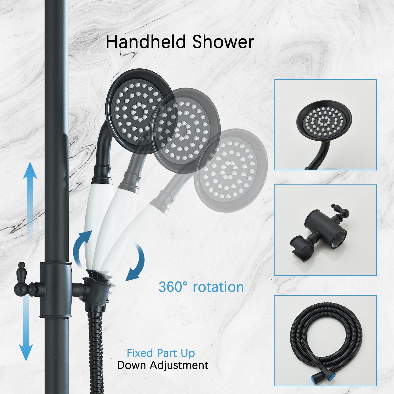 Premium Matte Black Outdoor Shower System - 8 Inch Rainfall Shower Head, Handheld Spray & Tub Spout with 2 Cross Handles - Wall Mounted Bathroom & Backyard Shower Faucet Set for Patio, Poolside & Garden Use
