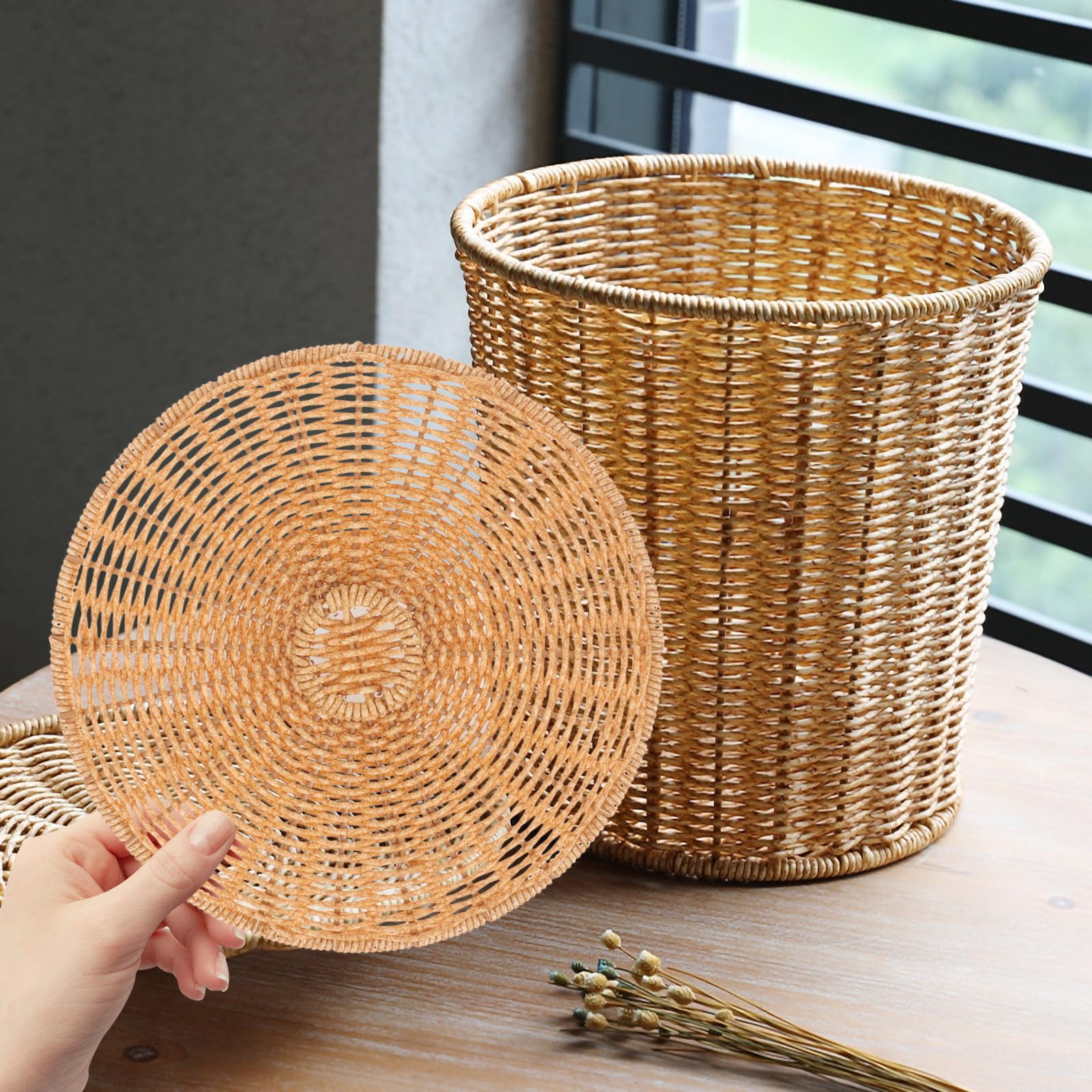 Zerodeko Stackable Stoneware Mugs with Lids & Wicker Trash Can Replacement Cover - Decorative Basket Lid for Garbage Bin, Luxury Plastic Clothes Hanger - Perfect for Kitchen, Bathroom, and Home Organization