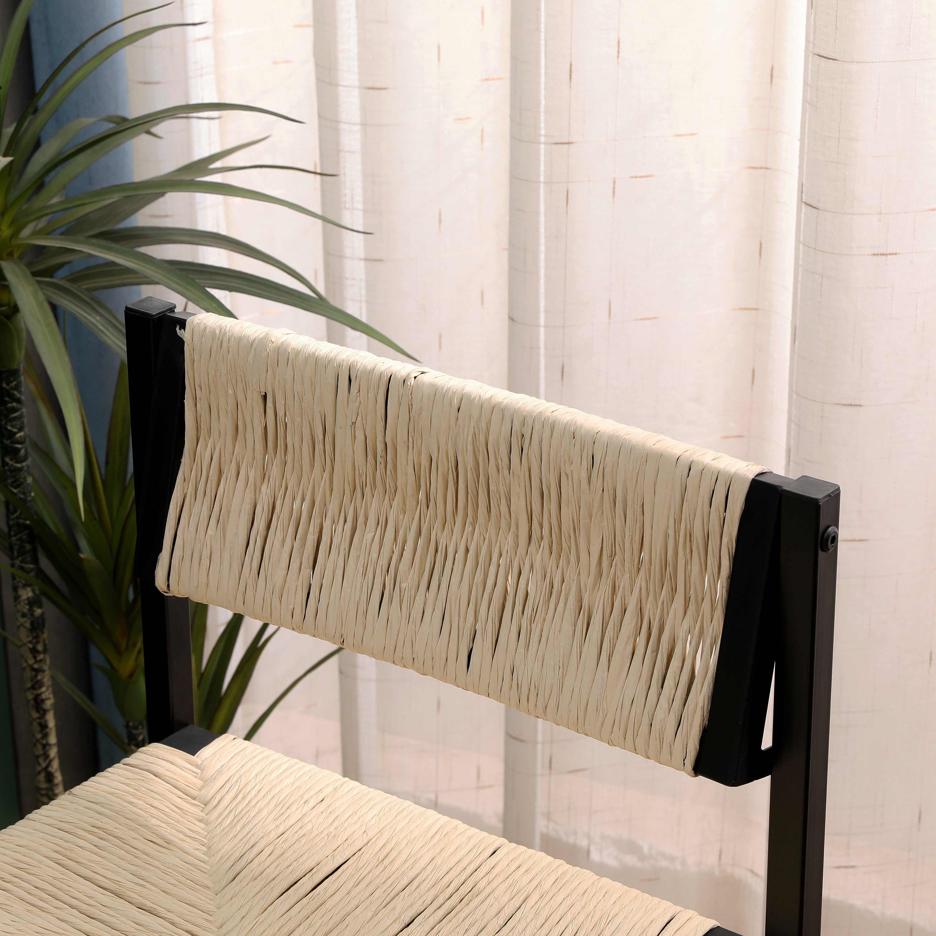 Handwoven Creamy White Paper Rope Bar Stools Set of 2 with Footrest - Natural Woven Counter Height Stools for Kitchen Island, Dining Room, Breakfast Nook & Patio Decor