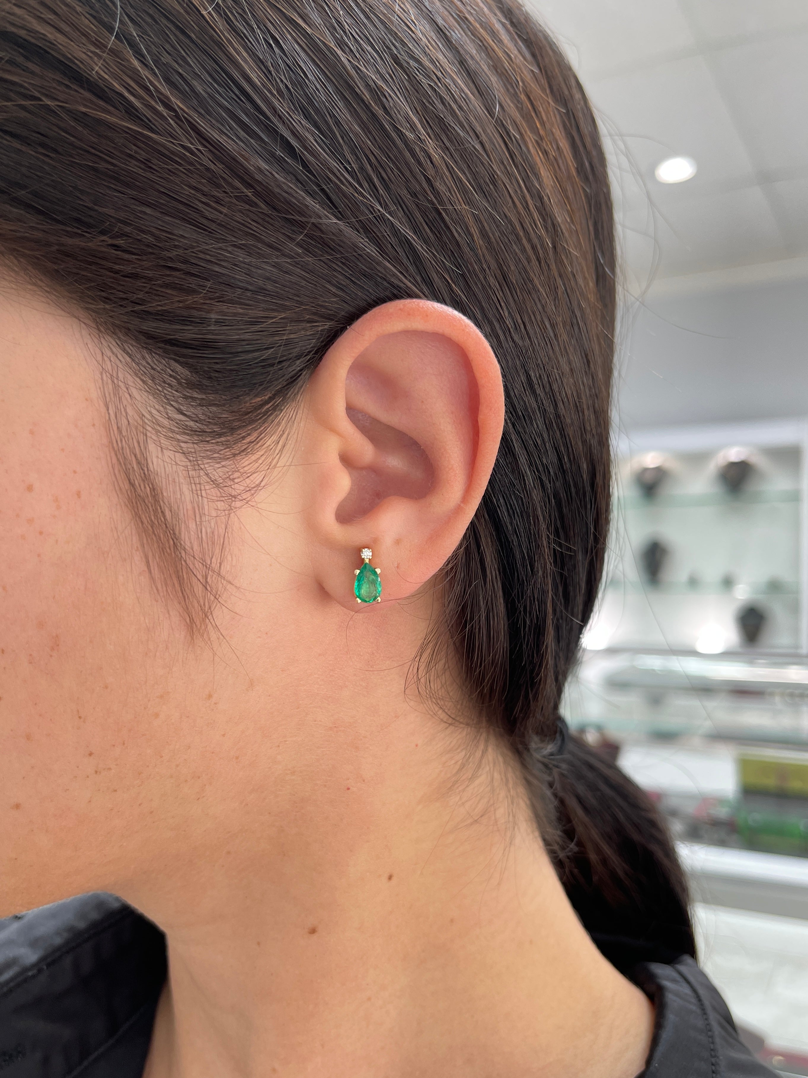 1.41tcw 14K Gold Colombian Emerald and Diamond Stud Earrings - Pear Cut Natural Gemstone Jewelry for Women, Perfect for Weddings & Special Occasions