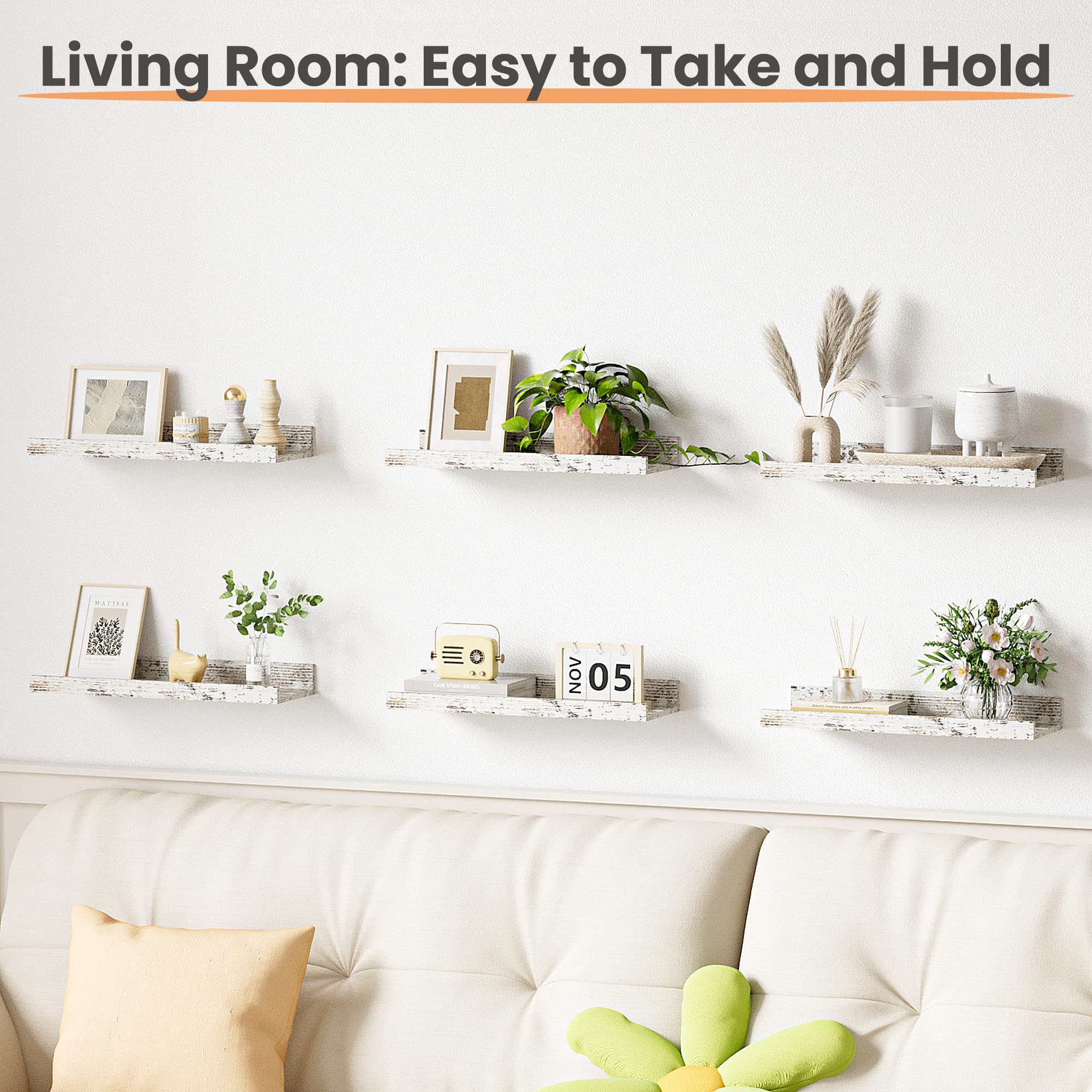 Upsimples Floating Shelves for Wall - Set of 6 Wooden Mounted Shelves, Rustic White Home Decor Storage for Bedroom, Living Room, Bathroom & Kitchen - Perfect for Displaying Photos, Books and Decorative Items