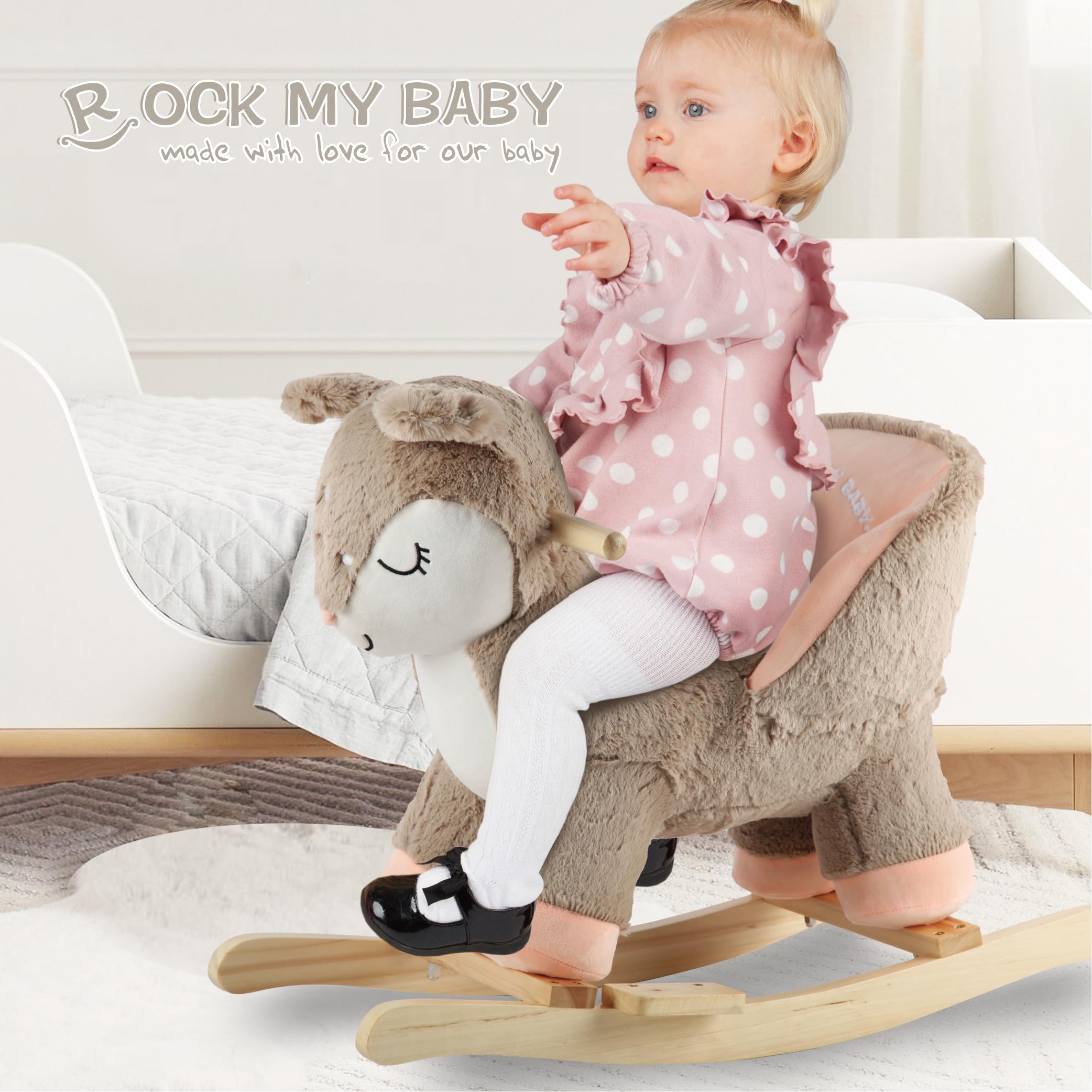 Plush Stuffed Deer Rocking Horse with Chair | Baby Rocker Toy with Sweet Music | Pink Ride-On Animal Toy for Toddlers | CPC Certified Safe | Perfect for Nursery, Playroom & Birthday Gifts