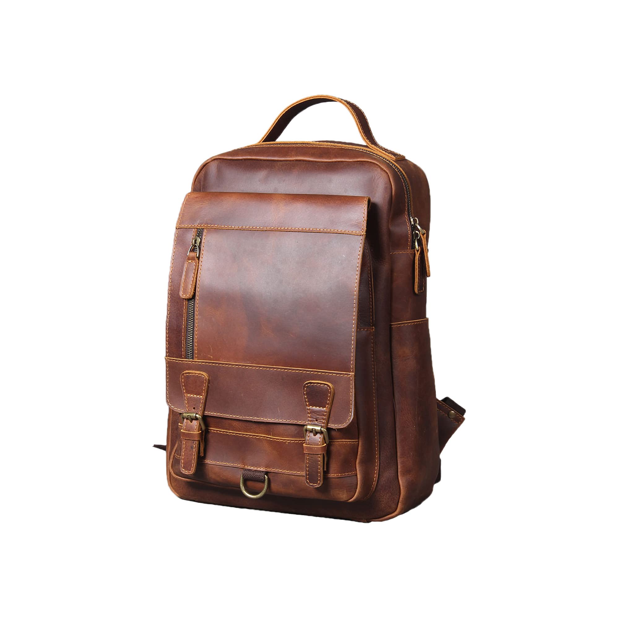 EAMOM Vintage Genuine Leather 15.6 Inch Laptop Backpack for Men - Waterproof Travel Rucksack, Business Work Bag & College School Backpack with USB Charging Port (Brown) - Perfect for Commuting, Business Trips & Daily Use