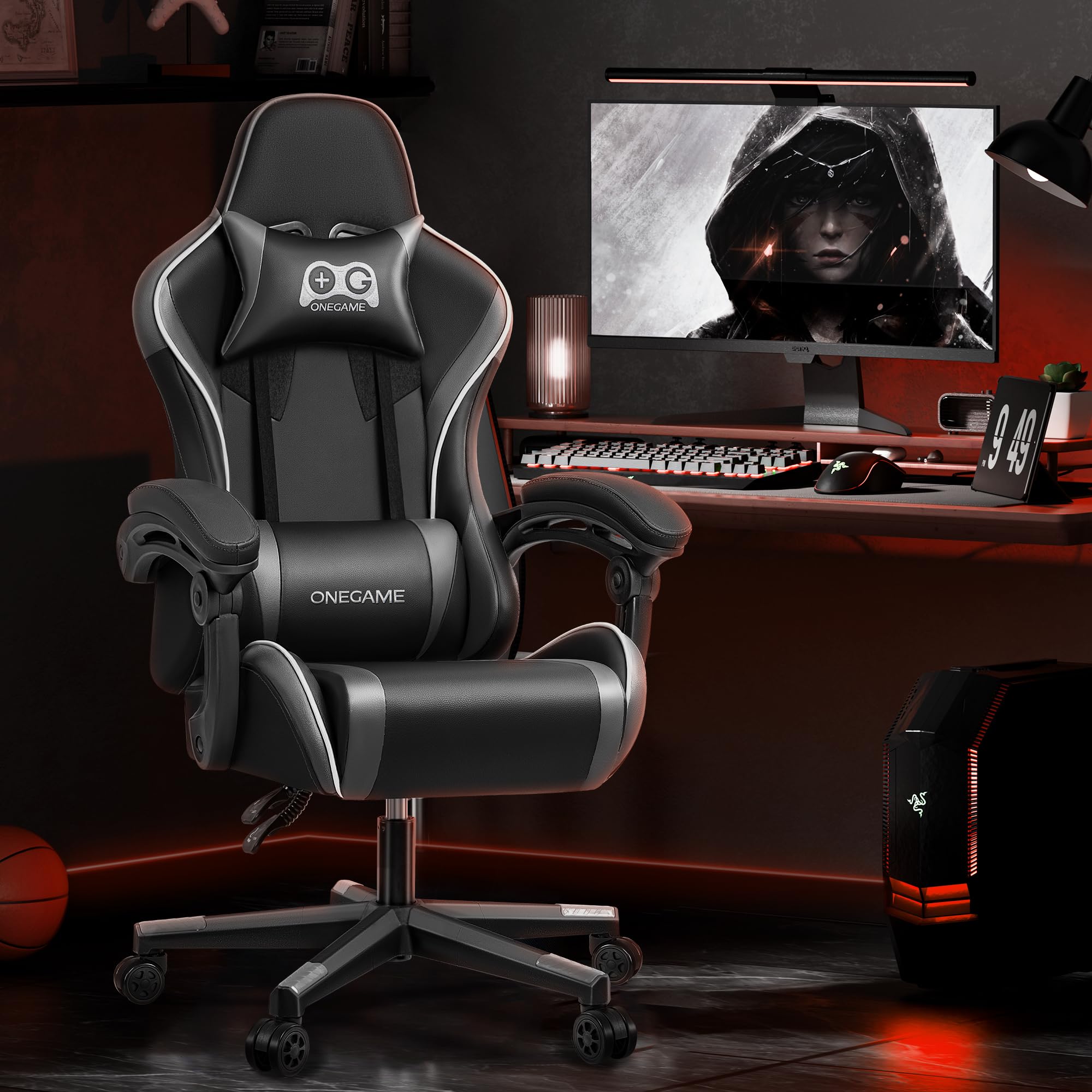 OneGame Ergonomic Gaming Chair for Adults - Racing Style Computer Office Desk Chair with Adjustable Headrest & Lumbar Support - Black/Gray - Perfect for PC Gaming, Streaming & Home Office Work