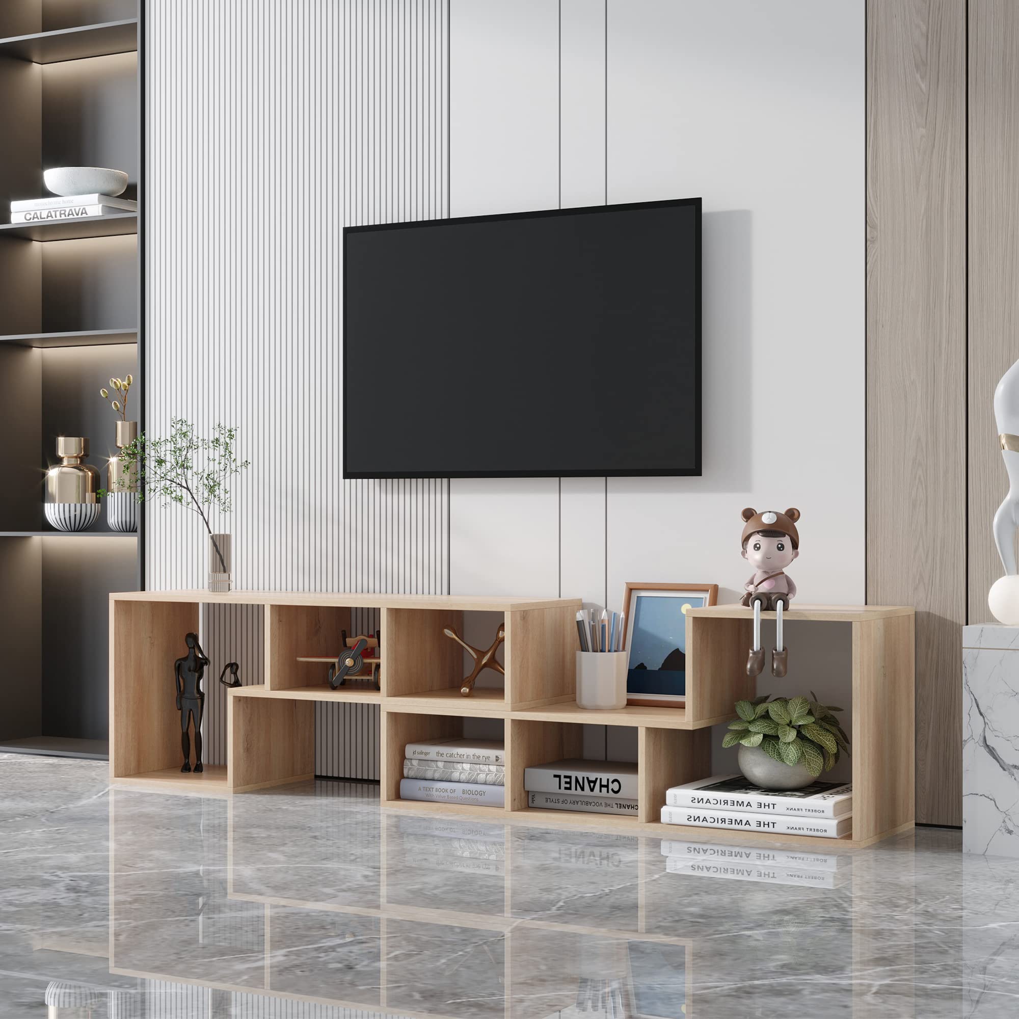 Modern Rustic Oak TV Stand with Storage Shelf - Entertainment Center & Media Console for Living Room - Perfect for TVs, Gaming Consoles, and Home Decor Organization