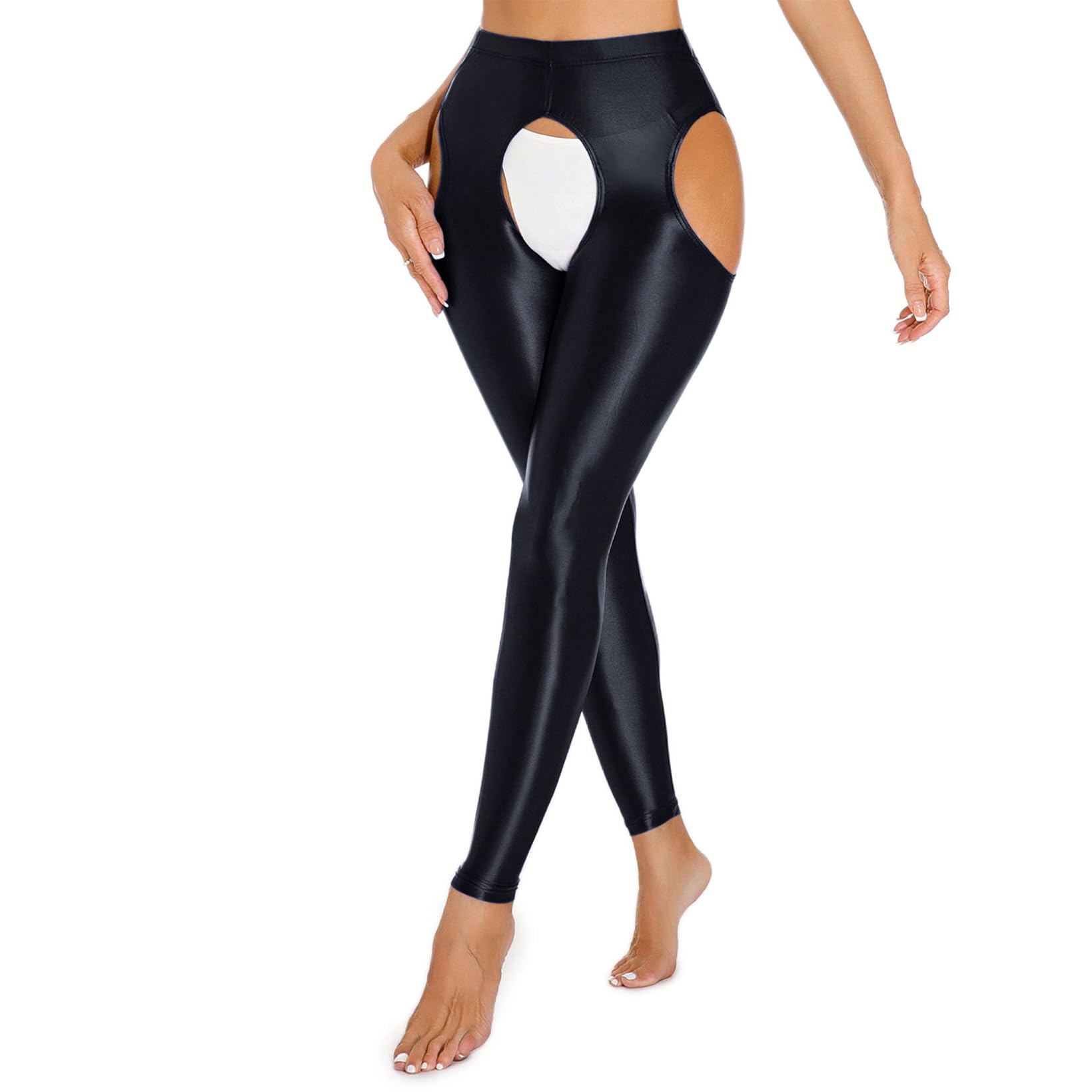 Sexy Crotchless Yoga Pants for Women - Shiny Stretchy Leggings & Pantyhose - Perfect for Dance, Fitness & Intimate Wear