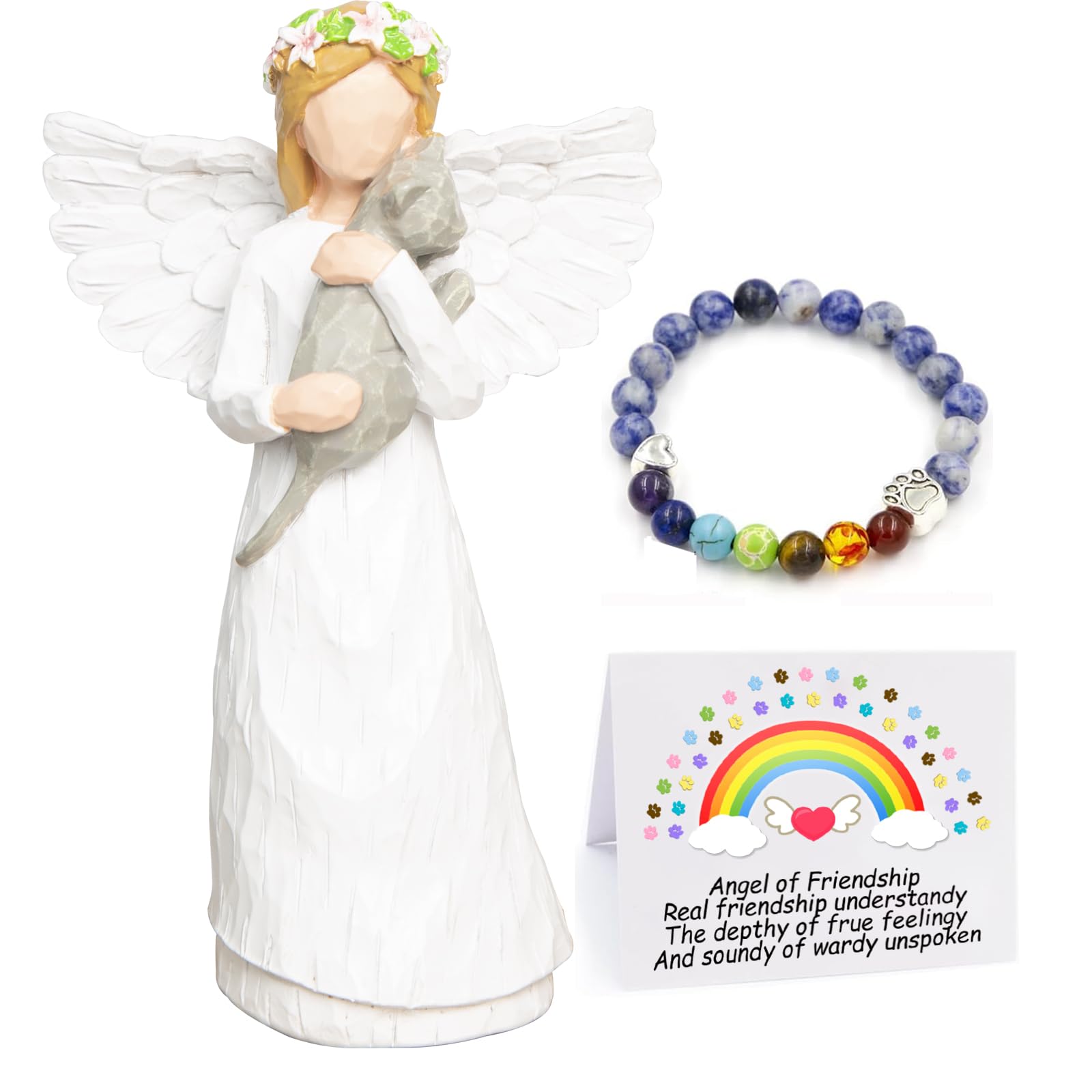 Memorial Gifts for Cat Loss - Sympathy Gifts for Cat Owners, Pet Remembrance Angel Figurine with 7 Chakra Rainbow Bridge Bracelet - Comforting Gift for Grieving Cat Moms, Perfect for Memorial Services & Healing After Pet Loss