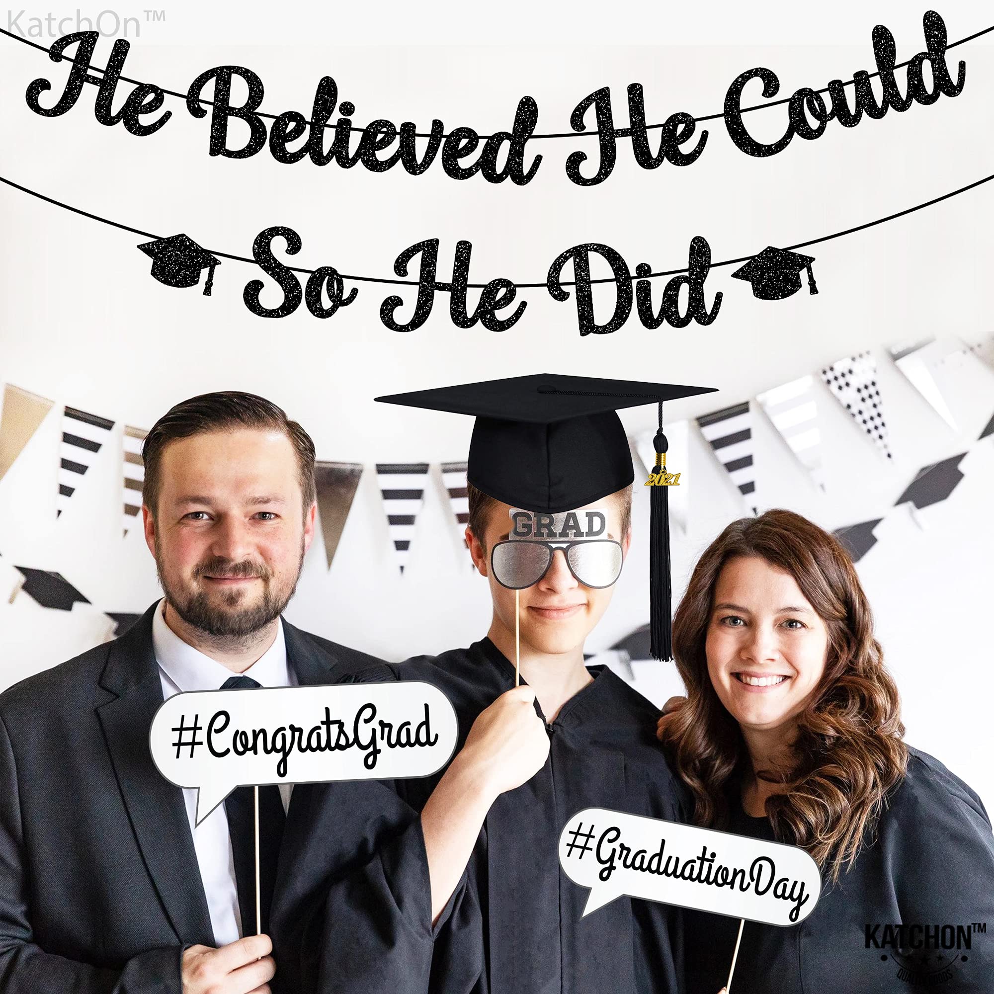 KatchOn 'He Believed He Could So He Did' Motivational Banner - 10ft Graduation Party Decor for Men 2025 | No DIY Ready-to-Hang Congratulations Banner for Graduation Ceremony, College Dorm & Office Celebration