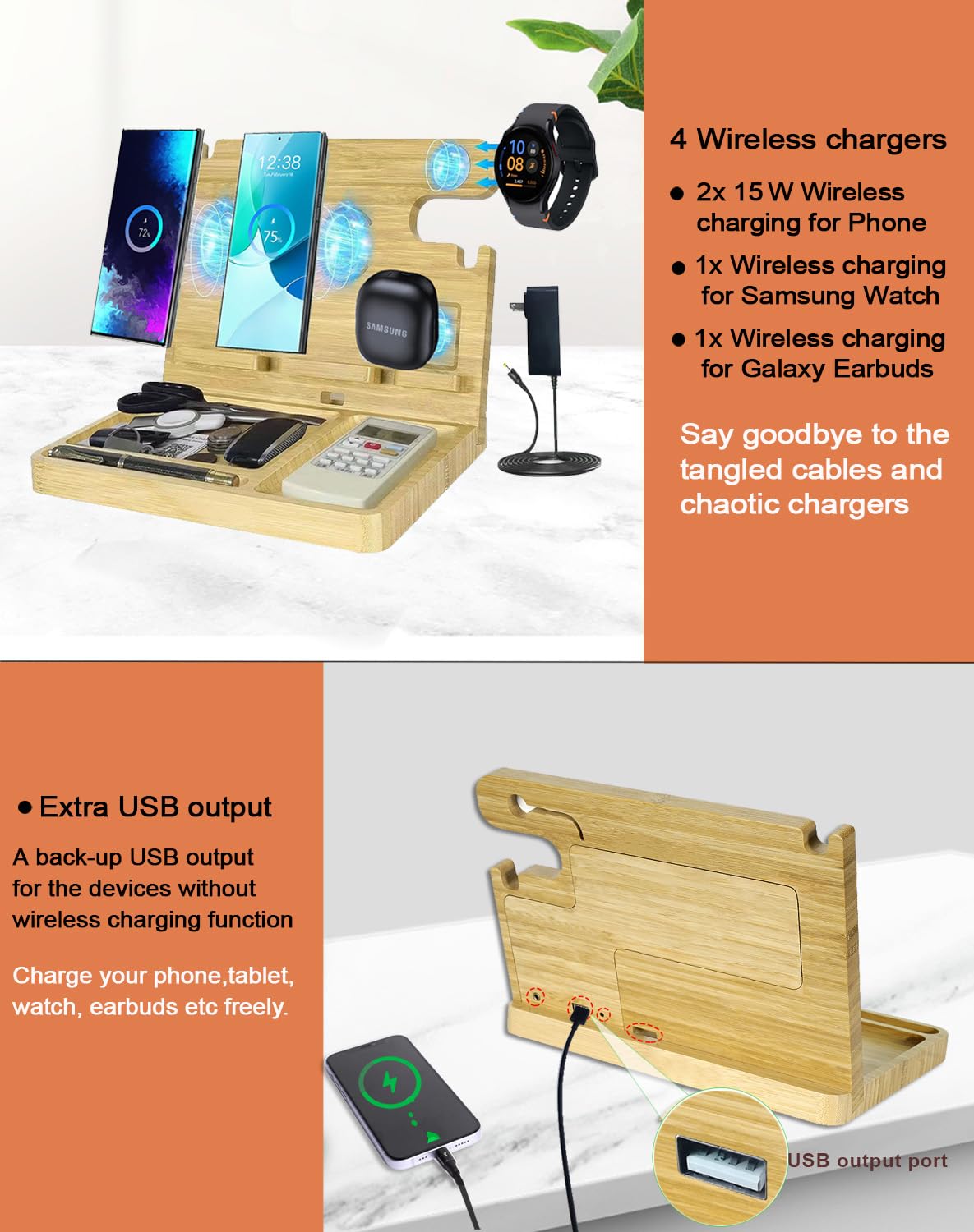**27W Fast Wireless Charging Station for Two Phones - Wood Phone Docking Station with Samsung Galaxy Watch & Buds Charger - Nightstand Organizer for Men - Perfect Gift for Dad, Husband, or Boyfriend (Home & Office Use)**