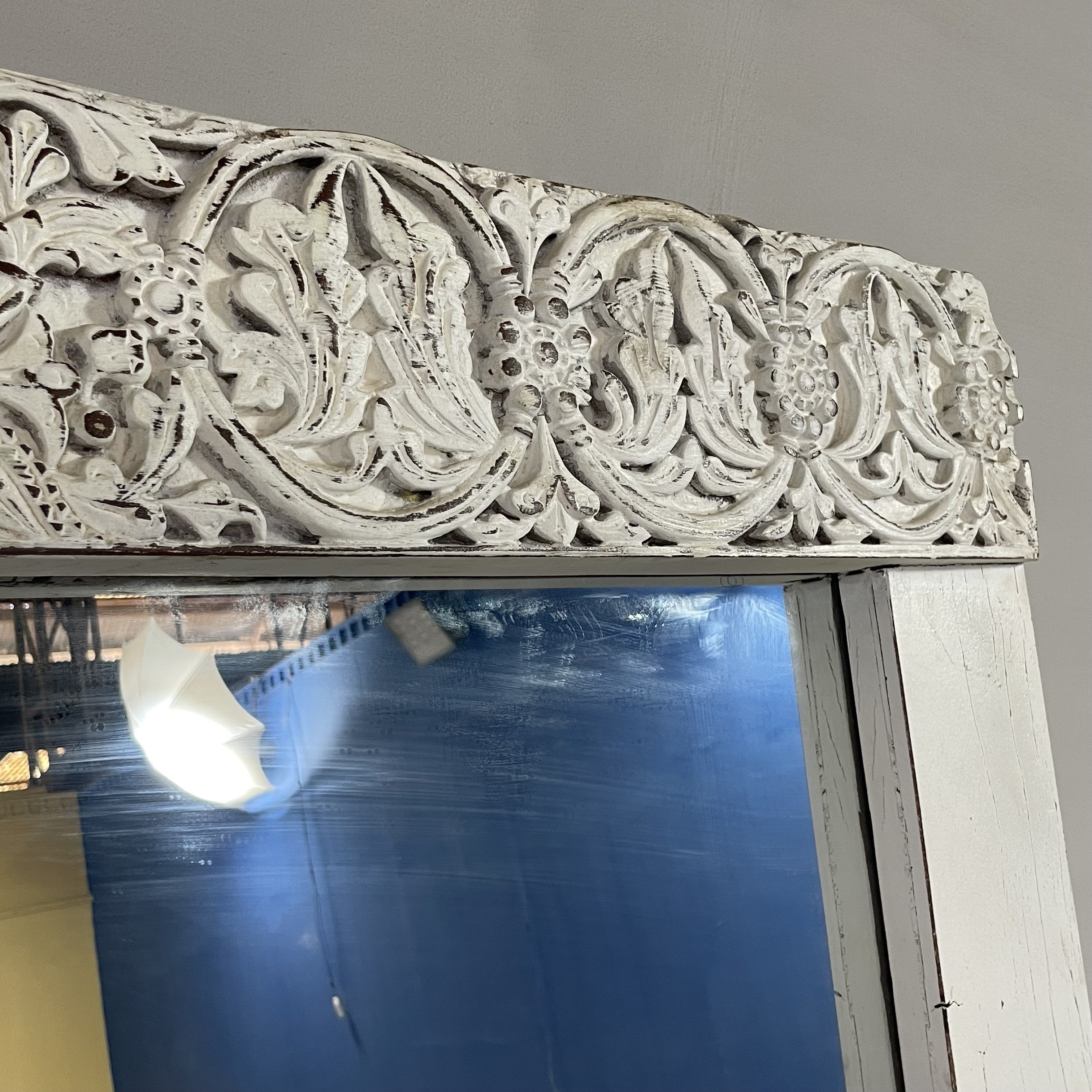Handcrafted Indian Solid Hardwood Mirror Frame - White Carved Wooden Mirror - 47