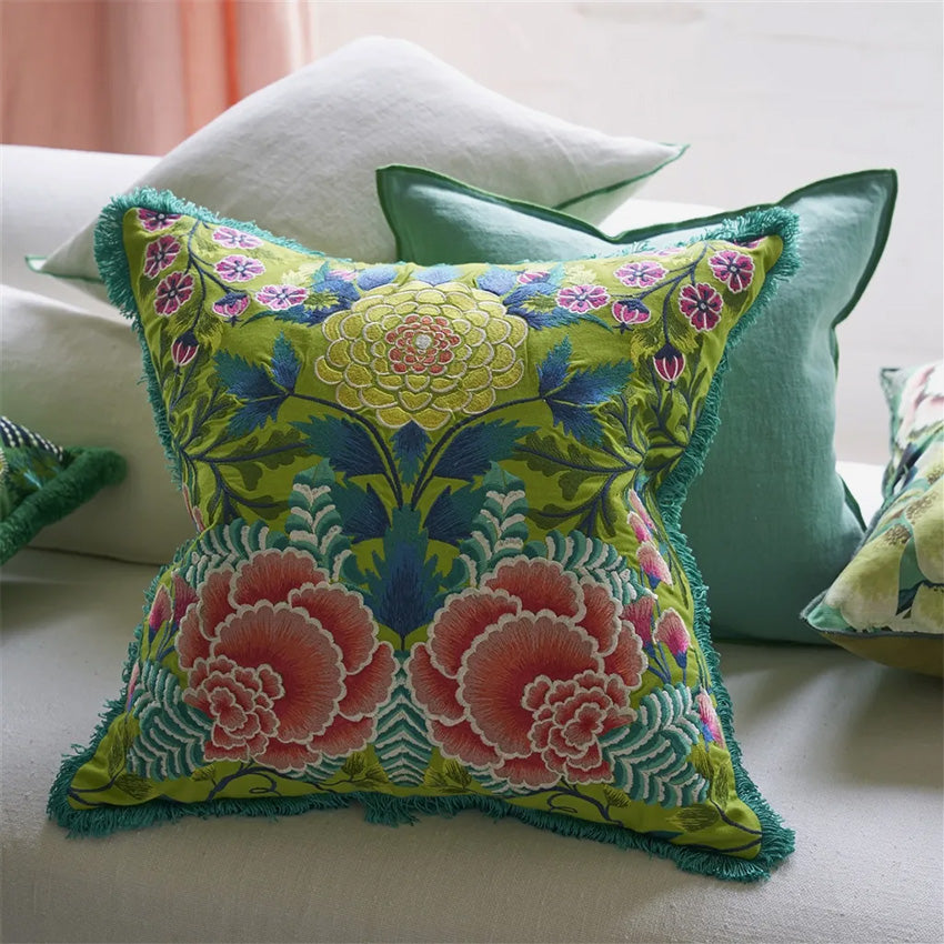 Christian Lacroix Embroidered Lime Green Brocade Decorative Pillow Cover - Luxury Home Decor for Sofa, Bed, Living Room & Wedding Gifts