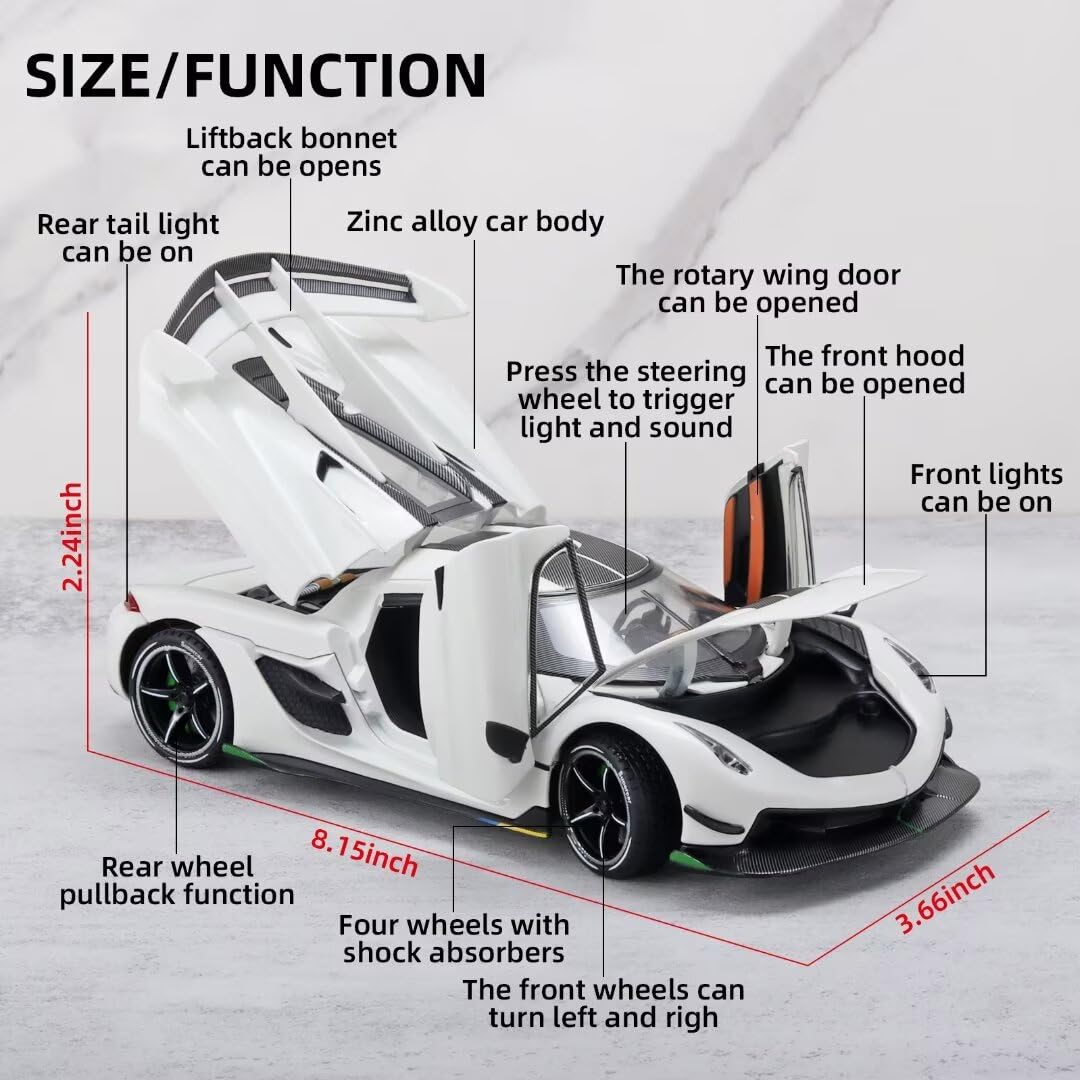 1/24 Scale Koenigsegg Jesko Metal Die Cast Toy Car - Pull Back Action with Light & Sound - Collectible Model Car for Boys Age 3+ (White) - Perfect Birthday Gift & Race Track Play for Kids