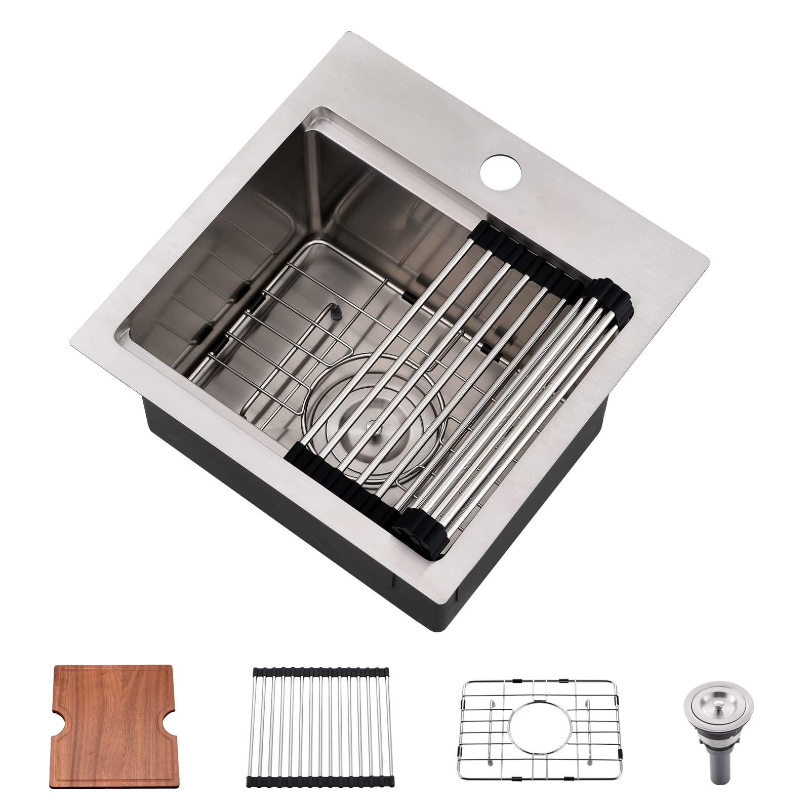 15x15 Inch Drop-in Bar Sink Workstation - 16 Gauge Stainless Steel Single Bowl Small Kitchen Sink with Cutting Board for Outdoor RV, Camper, Tiny House & Home Bar Use