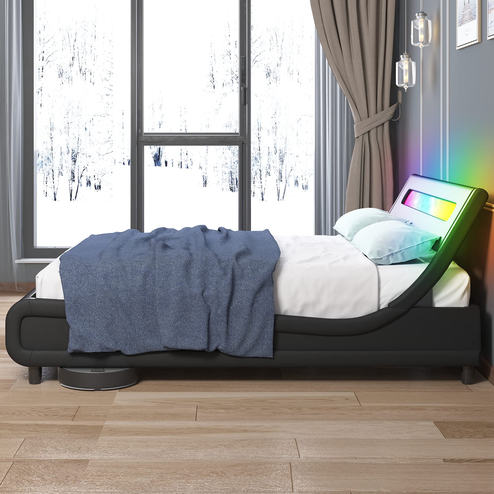 Modern LED Queen Size Bed Frame - Upholstered Platform Bed with PVC Headboard & Wooden Slats Support, No Box Spring Needed - Durable Sleigh Design for Bedroom, Guest Room, or Apartment - Black