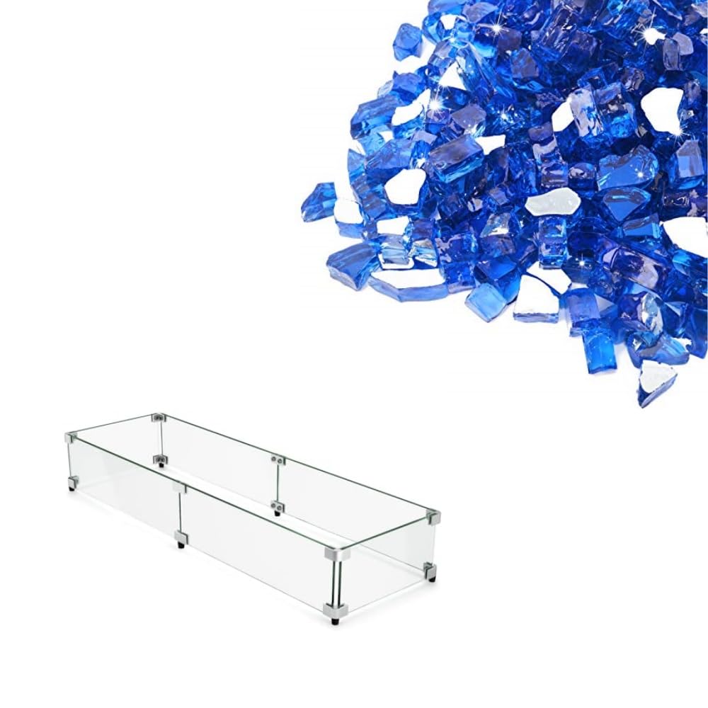 GASPRO 41.5 x 11.5 Inch Wind Guard for Fire Pit with 10 lbs 1/2-Inch Cobalt Blue Fire Glass - Perfect for Outdoor Patio, Backyard Fireplace, and Camping Accessories