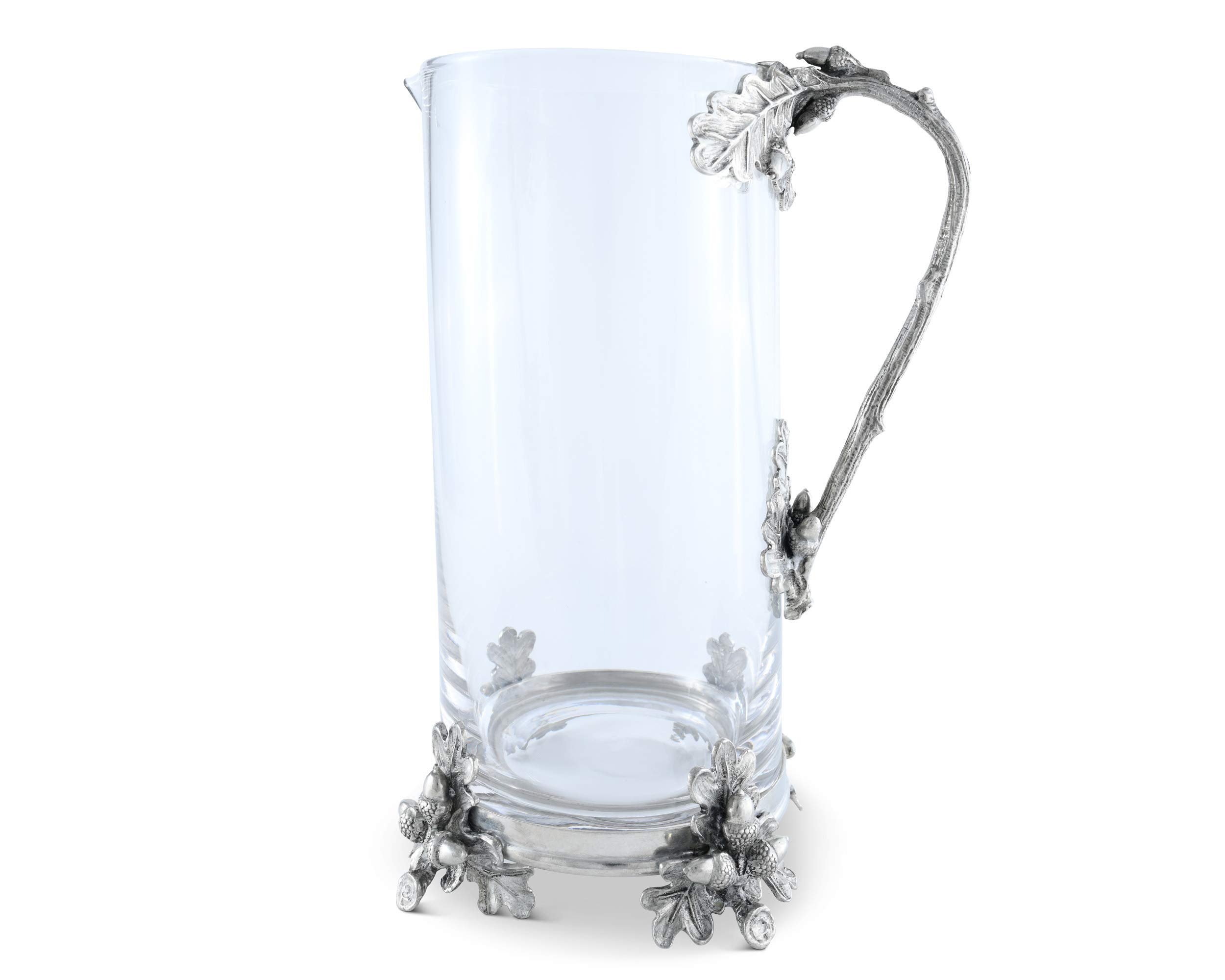 Vagabond House 52 oz Glass Pitcher with Pewter Acorn & Oak Leaf Handle - Perfect for Cold Water, Iced Tea, Juice & Beverages - 10.25 Inch Tall Elegant Serving Pitcher for Parties, Dining & Outdoor Gatherings