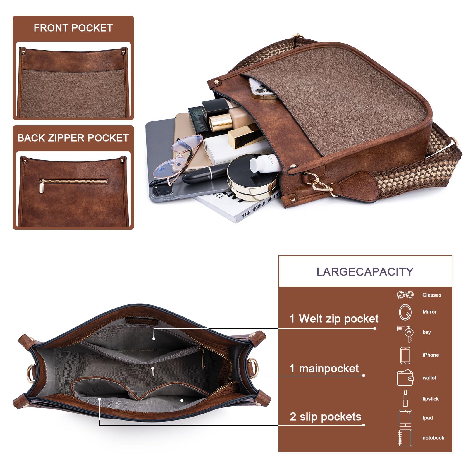 Vegan Leather Crossbody Bag for Women - Adjustable Strap Hobo Shoulder Purse | Trendy & Stylish Handbag for Work, Travel & Everyday Use
