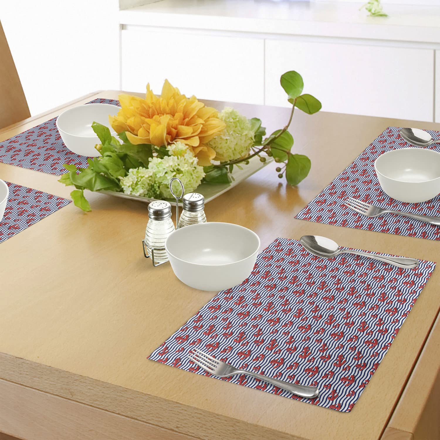 Ambesonne 4-Pack Anchor Design Place Mats – 3D Wavy Stripes Marine Theme, Washable Fabric Dining Table Mats in Vermilion & Navy Blue – Perfect for Summer Parties, Beach-Themed Dinners & Nautical Home Decor