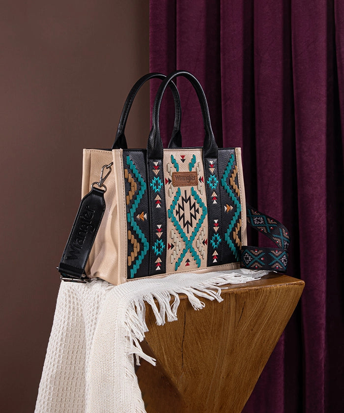 Wrangler Aztec Embroidered Whipstitch Tote Bag for Women - Stylish Boho Shoulder Bag for Travel, Beach & Shopping