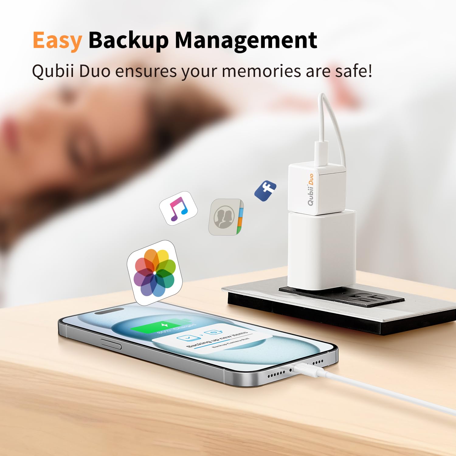 MAKTAR Qubii Duo USB-C Photo Storage Device - iPhone Backup Hard Drive for Photos & Videos | Auto-Sync, No MicroSD Needed | Perfect for Travel, Cloud Backup Alternative (White)