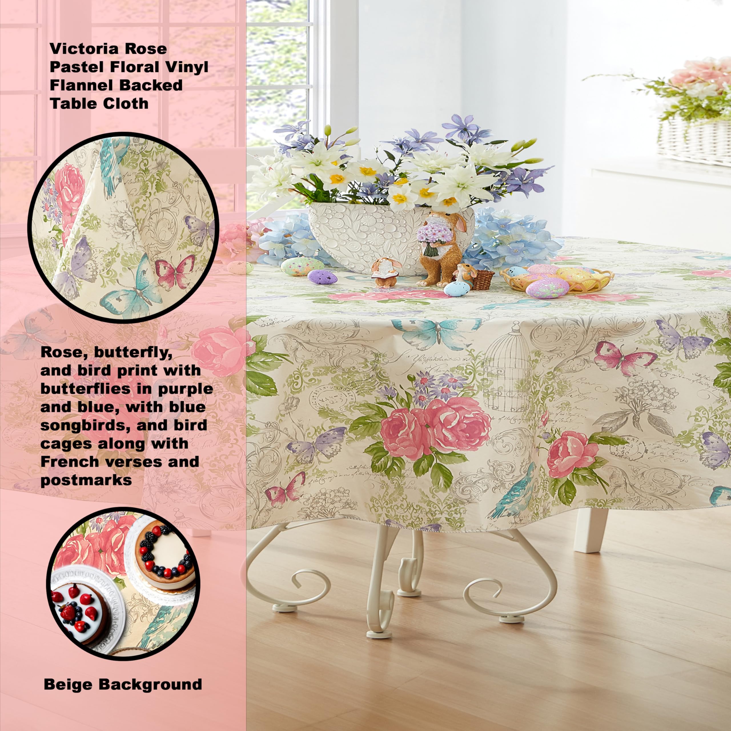 Easter Floral Oval Vinyl Tablecloth 60x84 Inch - Pastel Rose & Butterfly French Country Design with Flannel Backing for Dining Table, Party Decor, Spring Celebration, Holiday Gathering, Outdoor Picnic