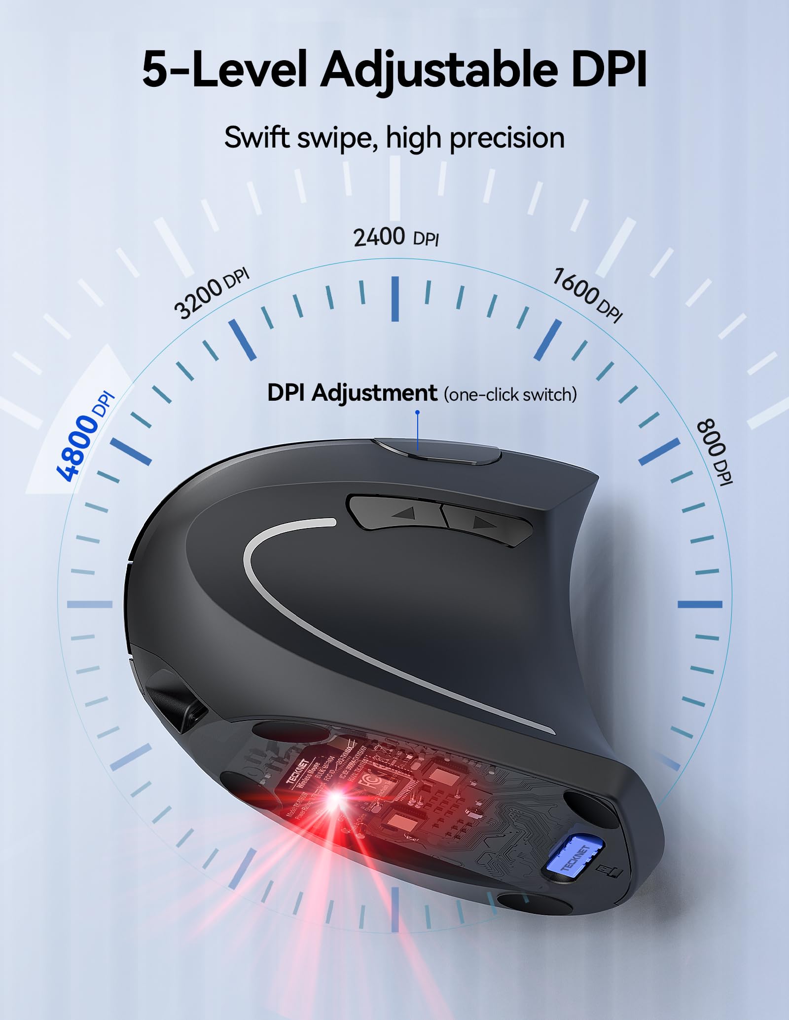 TECKNET Ergonomic Wireless Mouse - Rechargeable Vertical Mouse with 800-4800 Adjustable DPI, Silent 2.4GHz Optical Tracking for Right Hand, USB Ergonomic Mouse for PC, Laptop - Perfect for Office, Gaming & Reducing Carpal Tunnel Pain