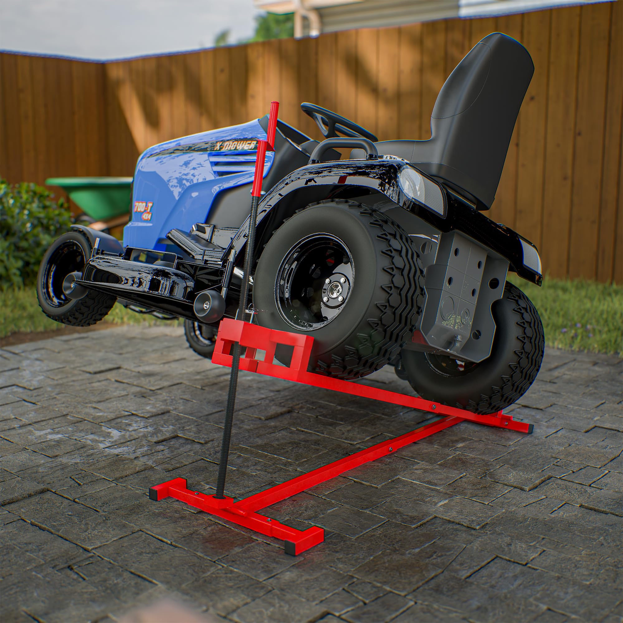 Heavy Duty 882LBS Capacity Riding Mower Jack - Lawn Tractor Lift for Garden Tractors & Mowers Maintenance with Manual Handle & Power Tool Extension - Red - Perfect for DIY Lawn Care & Equipment Repair